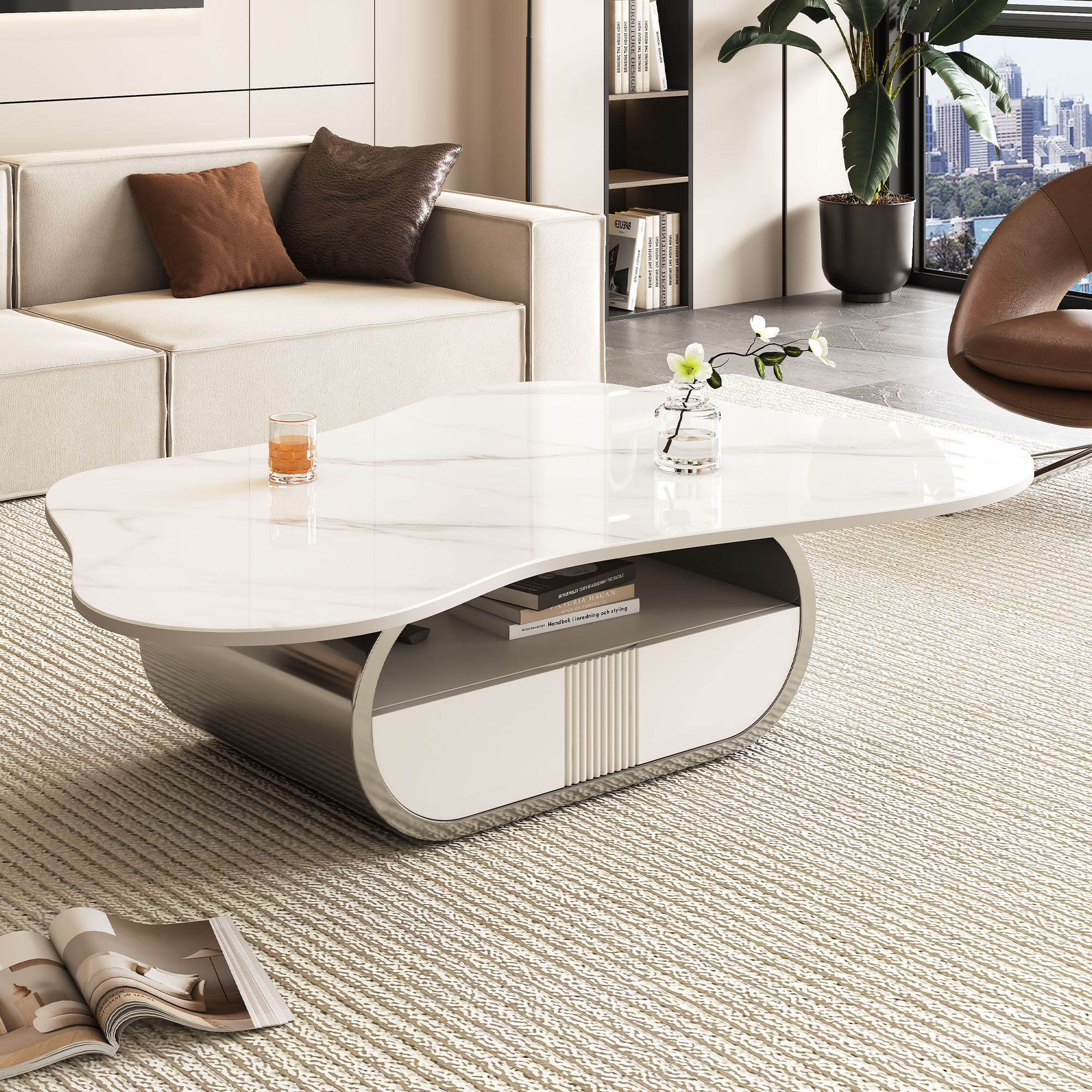 Modern Butterfly Coffee Table With Sintered Stone Top -Oval Center Table With Storage Shelf & Drawer, Stainless Steel Base & MDF Cabinet