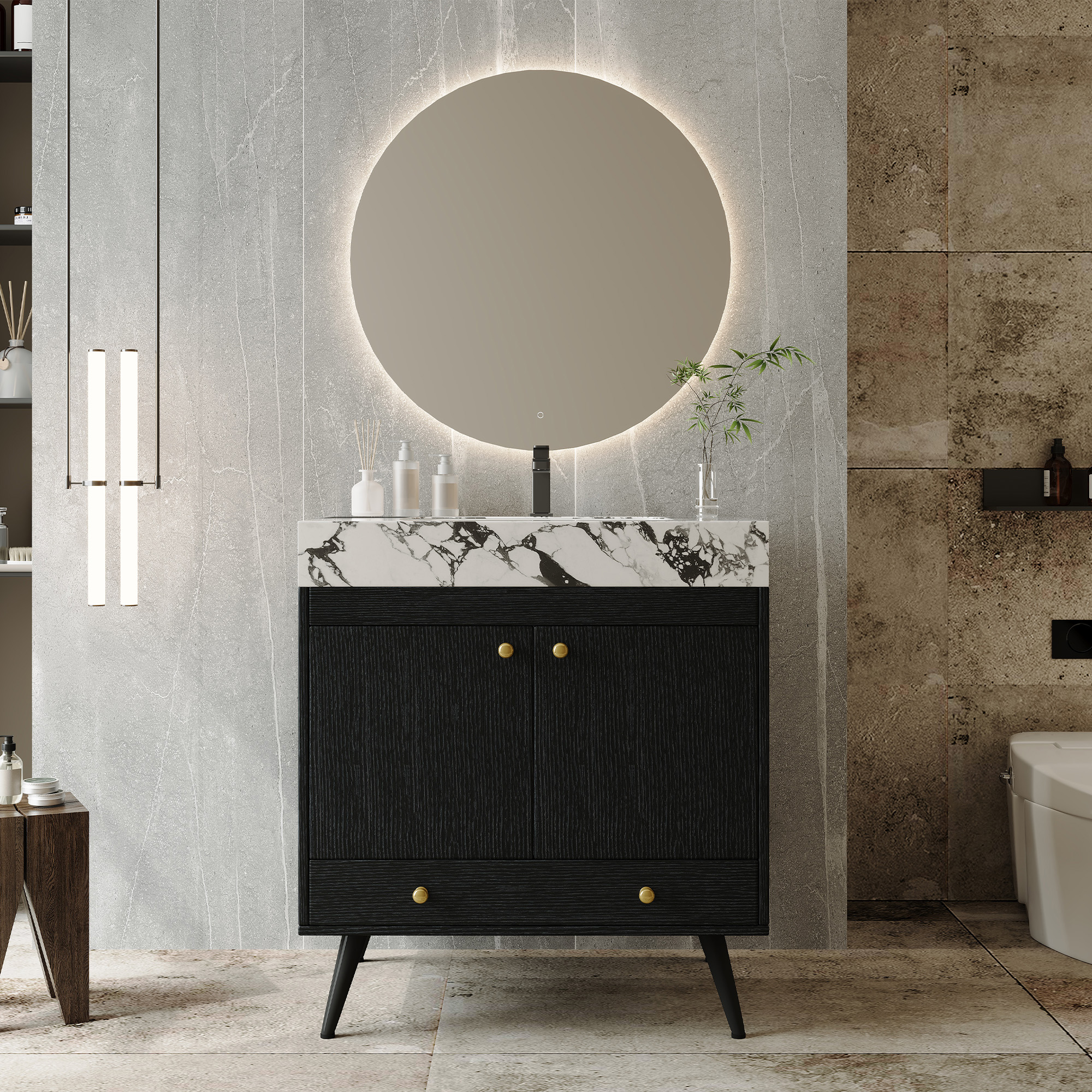 Contemporary  Free-standing Bathroom Vanity With Faux Marble Top & Ceramic Sink, 30  Double Door Storage Cabinet, Waterproof Engineered Wood