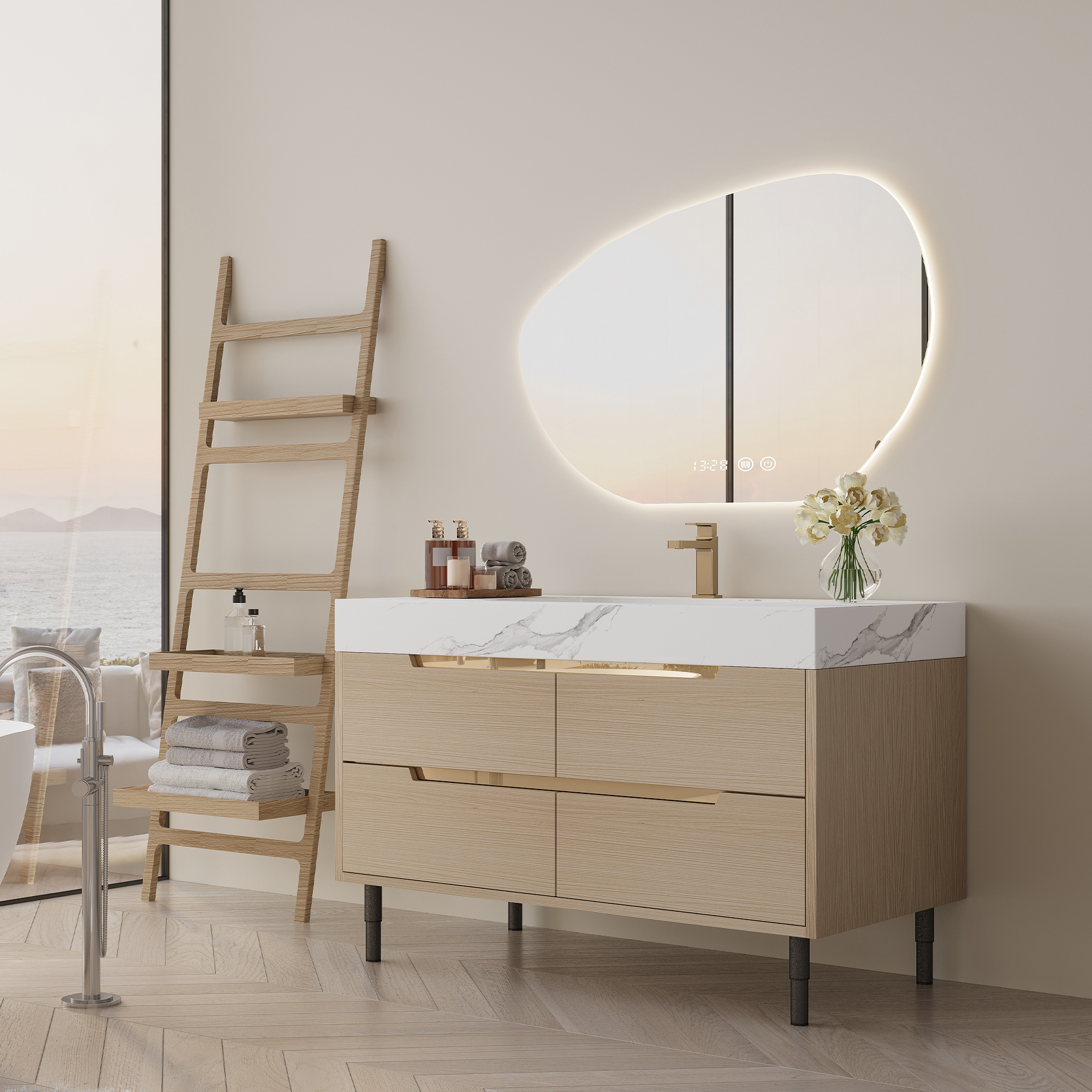 35.4  Modern Bathroom Vanity With Undermount Sink, Sintered Stone Top, Waterproof Multi-layer Solid Wood, 4 Drawers Storage, Free-standing Wall-Mounted