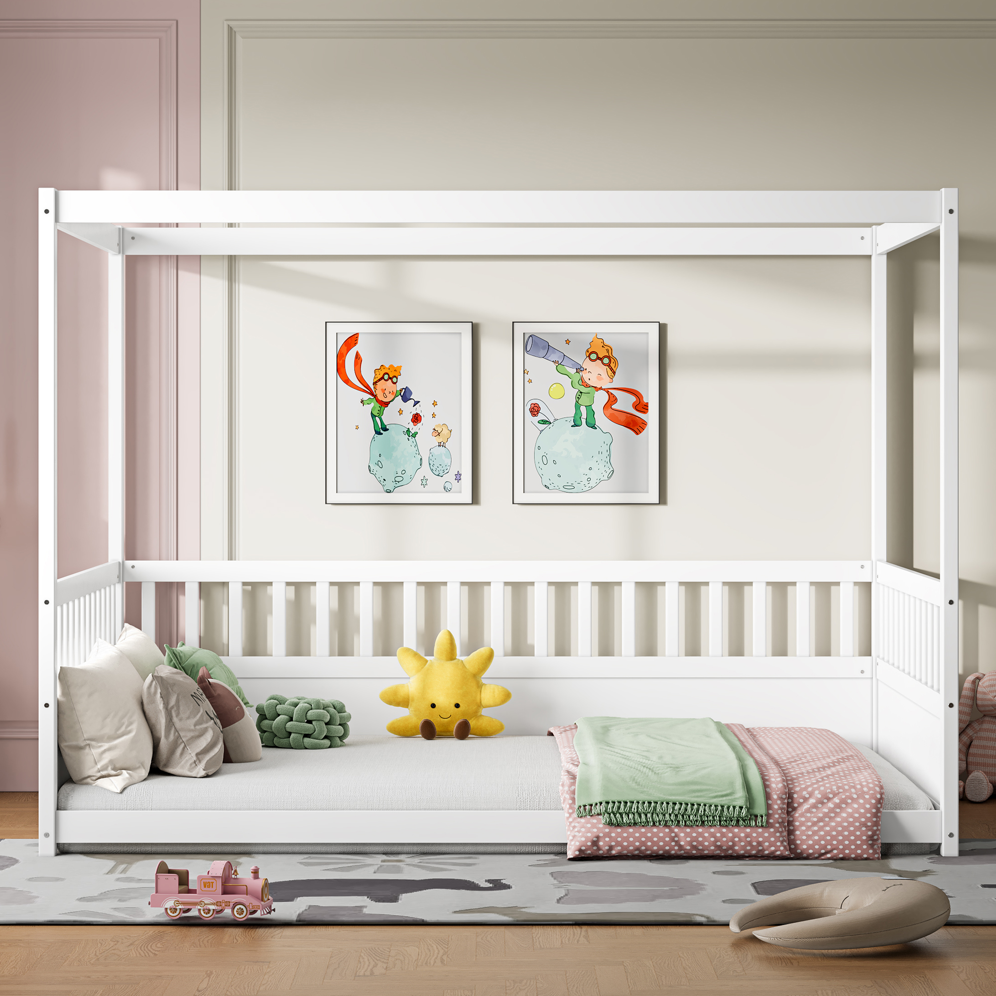 Full Size Canopy Bed Frame With Guardrails For Kids,Floor Bed Full With Four Poster Design,Kids Montessori Floor Bed,Wood Canopy Bed Frame For Girls,B