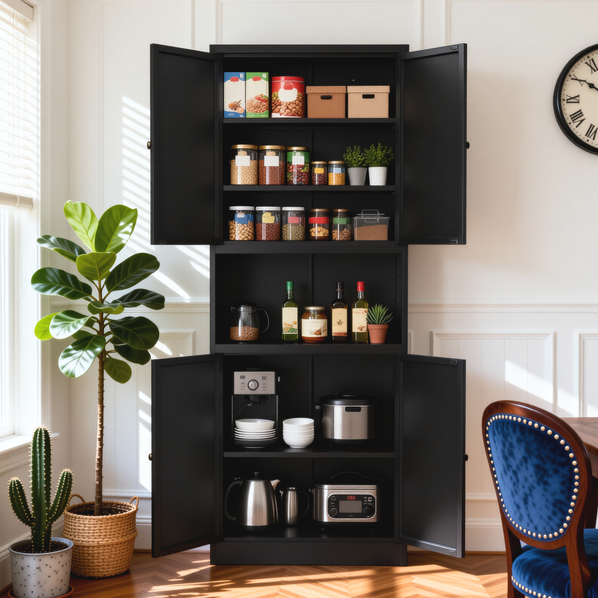 72  High Black Steel Kitchen Pantry Storage Cabinet With Large Countertop, Adjustable Shelves And Hooks, Heavy-duty Modern Style Cabinet
