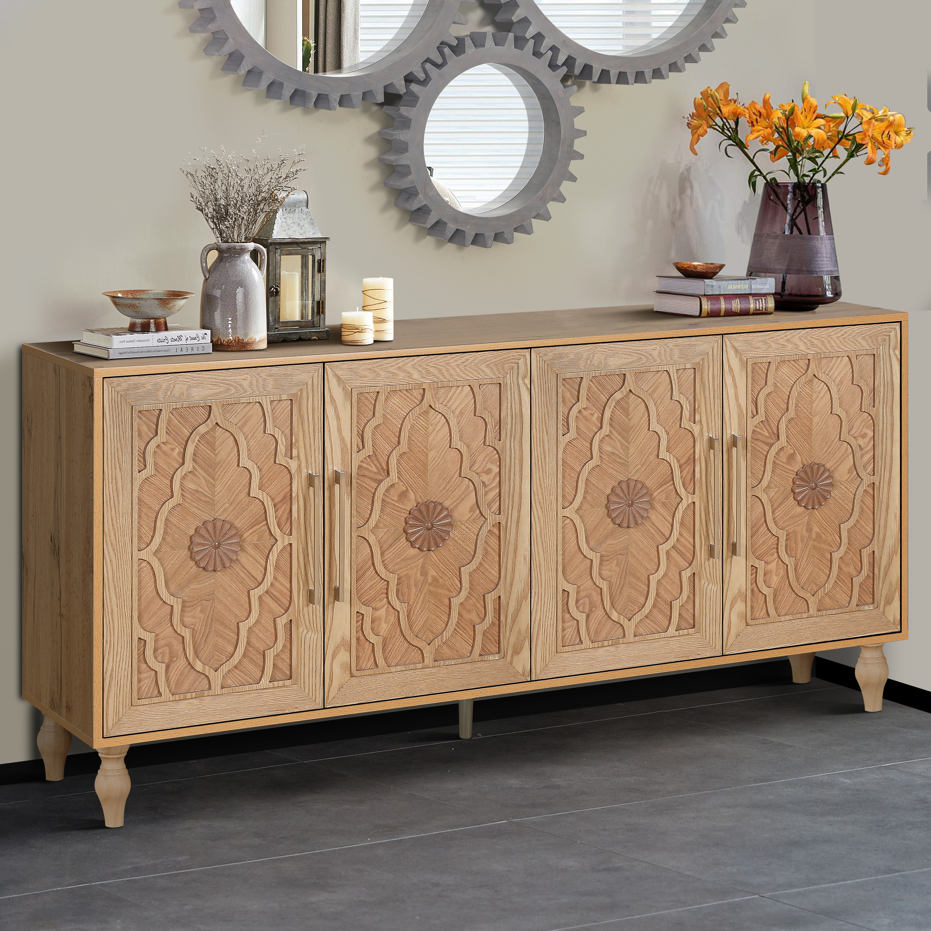 Carved Flower Door Large Storage Cabinet With Metal Handle Suitable For Living Room, Kitchen, Entryway NATURAL WOOD