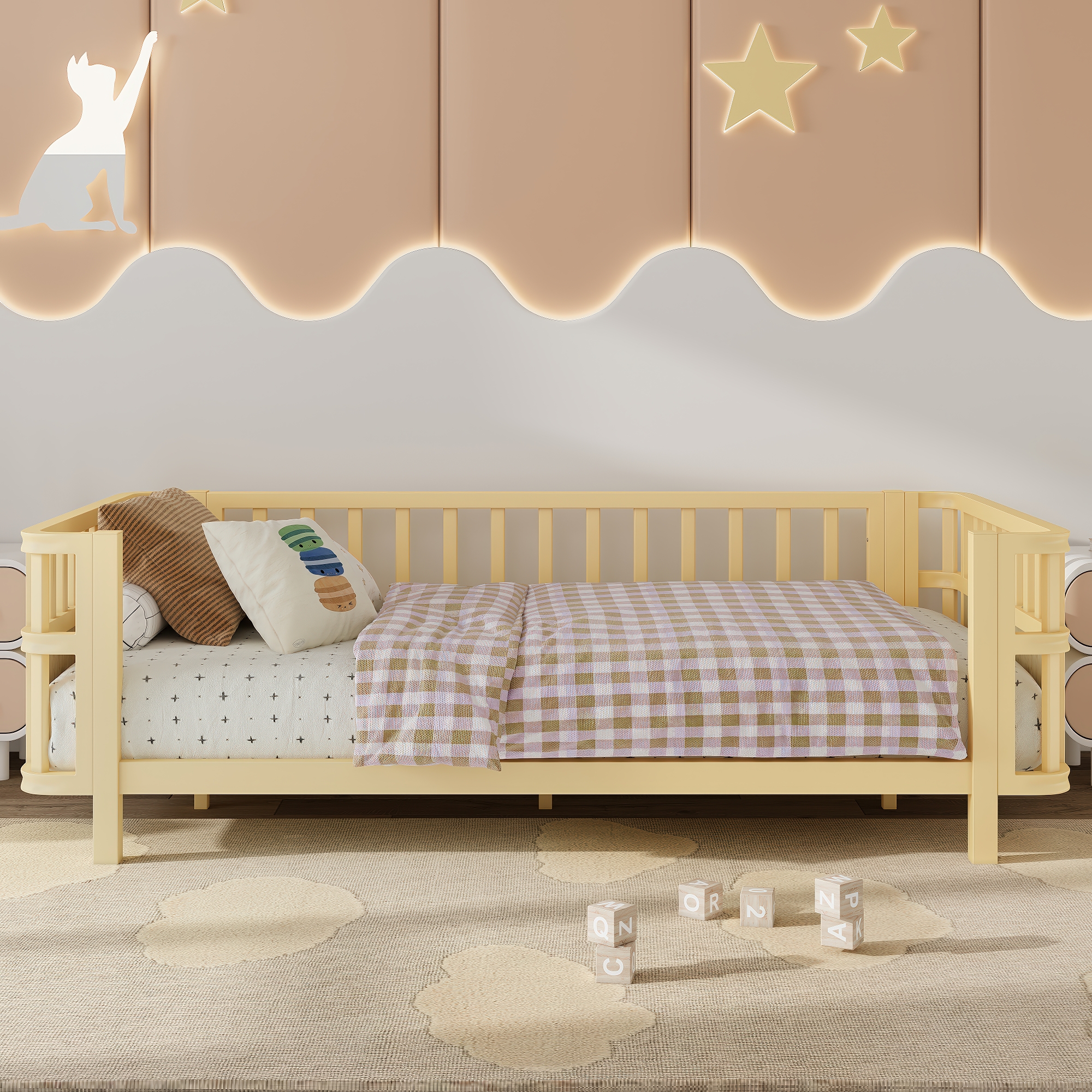 Children S Double Wooden Platform Bed With Railings, A Low Iron Double Bed With Railings, Suitable For Girls And Boys,  Twin,Natural