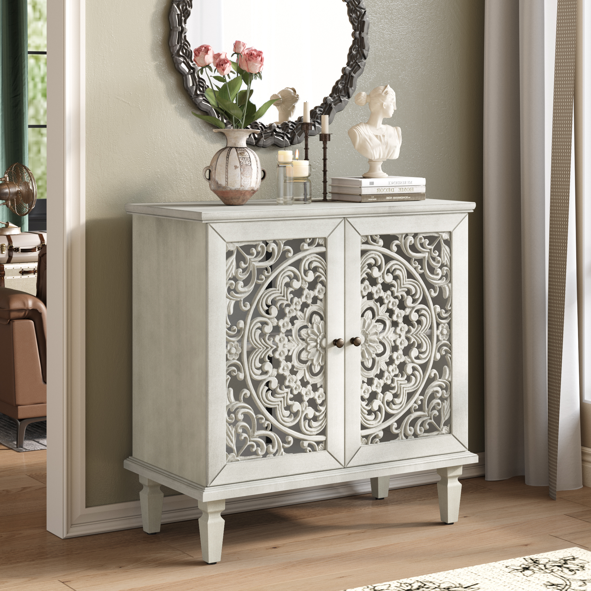 Vintage Hollow-Carved Accent Cabinet, 2-Door Display Storage Sideboard With Symmetrical Floral Design, Adjustable Shelf And Solid Wood Legs For Living Room Entryway Antique Grey White