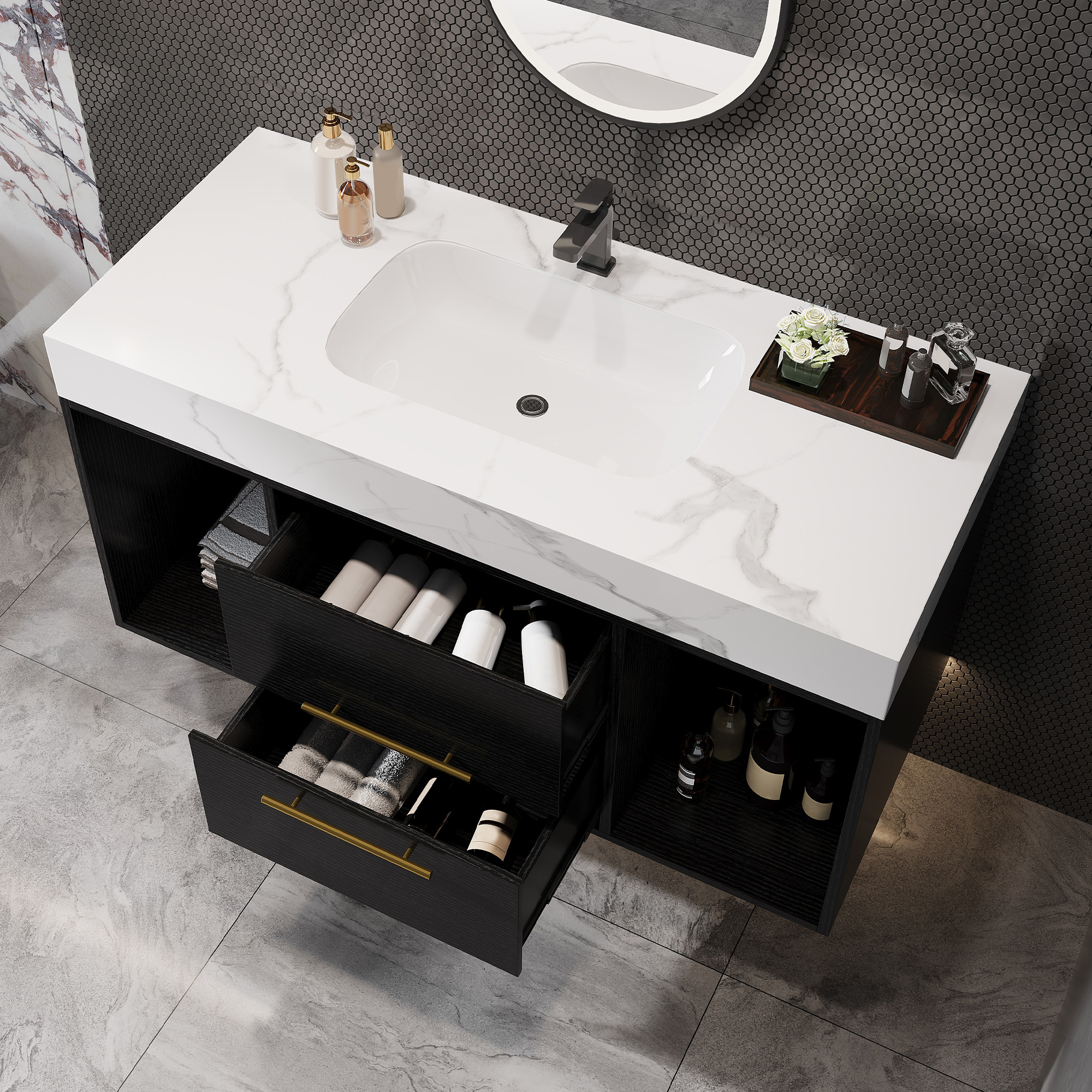 39.4  Bathroom Vanities With Ceramic Sink,Floating Bathroom Vanity,Wall Mounted Storage Cabinet With 2 Drawers And 2 Storage Spaces,Modern Bathroom Sink Cabinet With Metal Handles