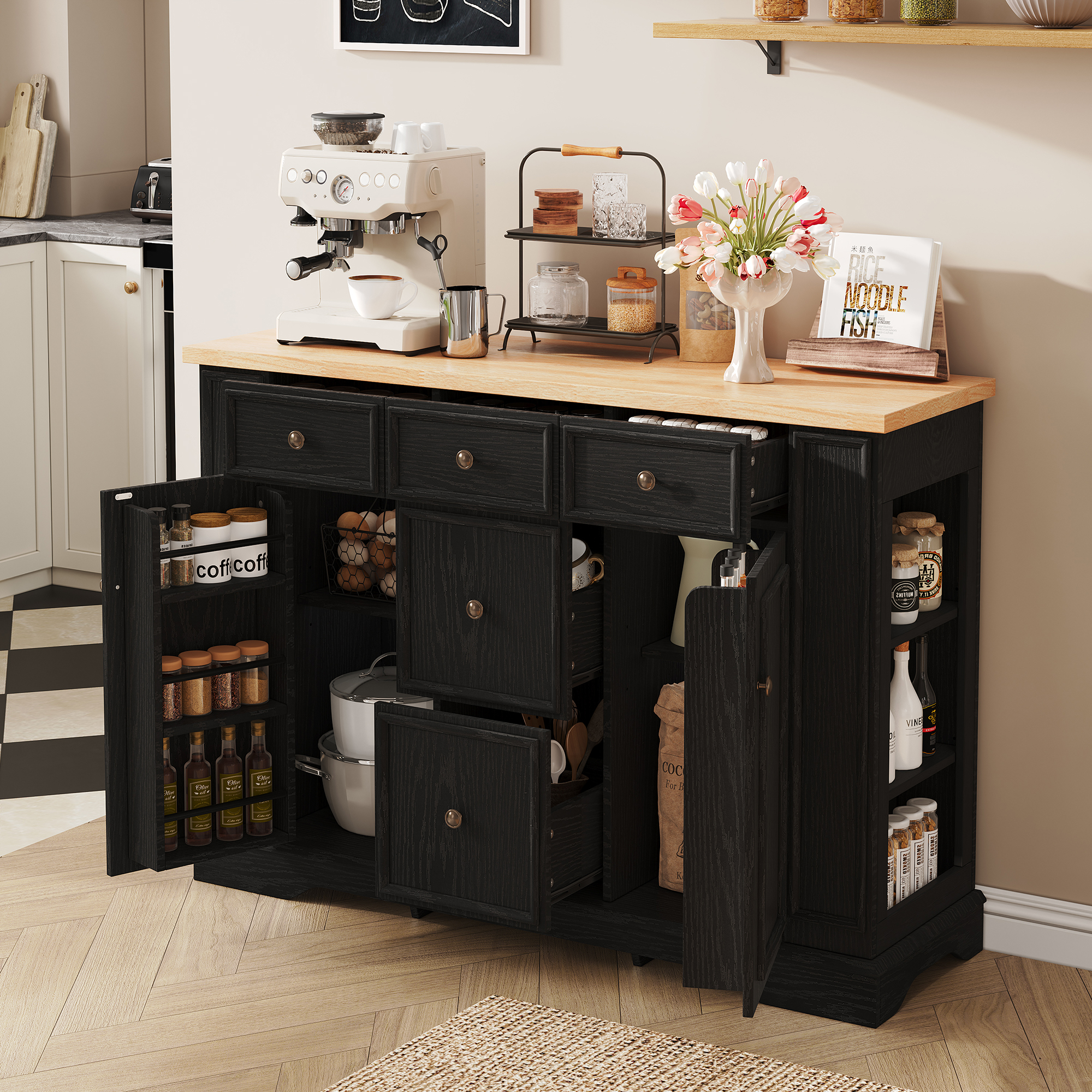 TREXM Sideboard Buffet Cabinet With Storage, Kitchen Console Table With 5 Drawers, 2 Cabinets, Adjustable Shelves, Buffet Server For Dining Room, Living Room, Entryway  Black
