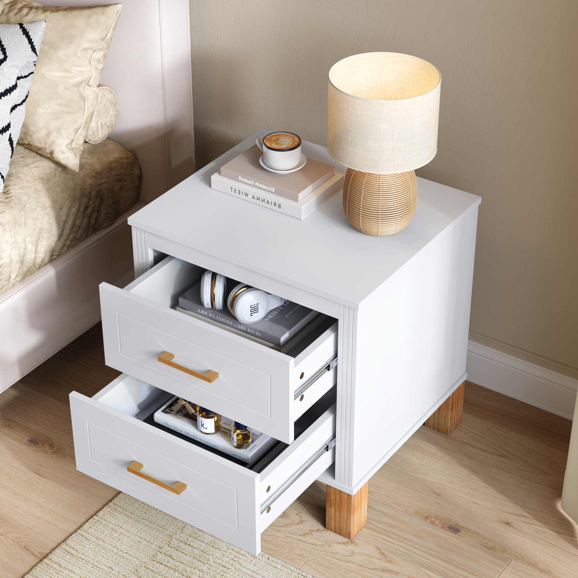 2 Drawer Nightstand, Premium Wood Storage With Elegant Fluted Design, Solid Wood Legs Nightstand With Metal Handle, Tall Bedside Table For Bedroom Living Room, White