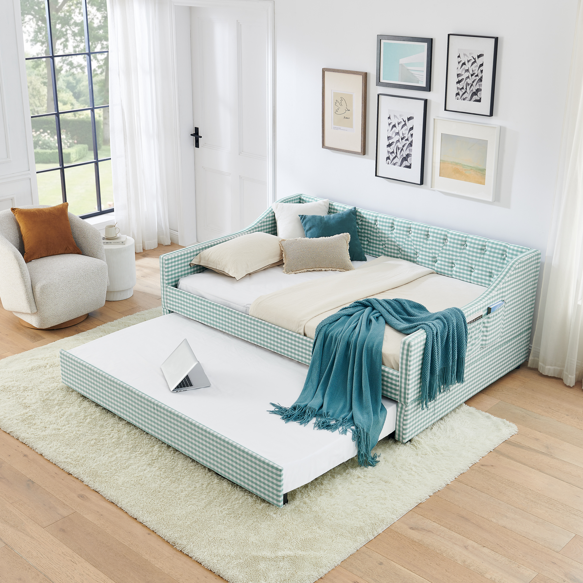 Full Size Daybed,Upholstered Convertible Daybed With Tufted Button Backrest, 3 In 1 Versatile Sofa Bed With Pull Out Trundle & Side Storage, Perfect For Compact Living-Cyan