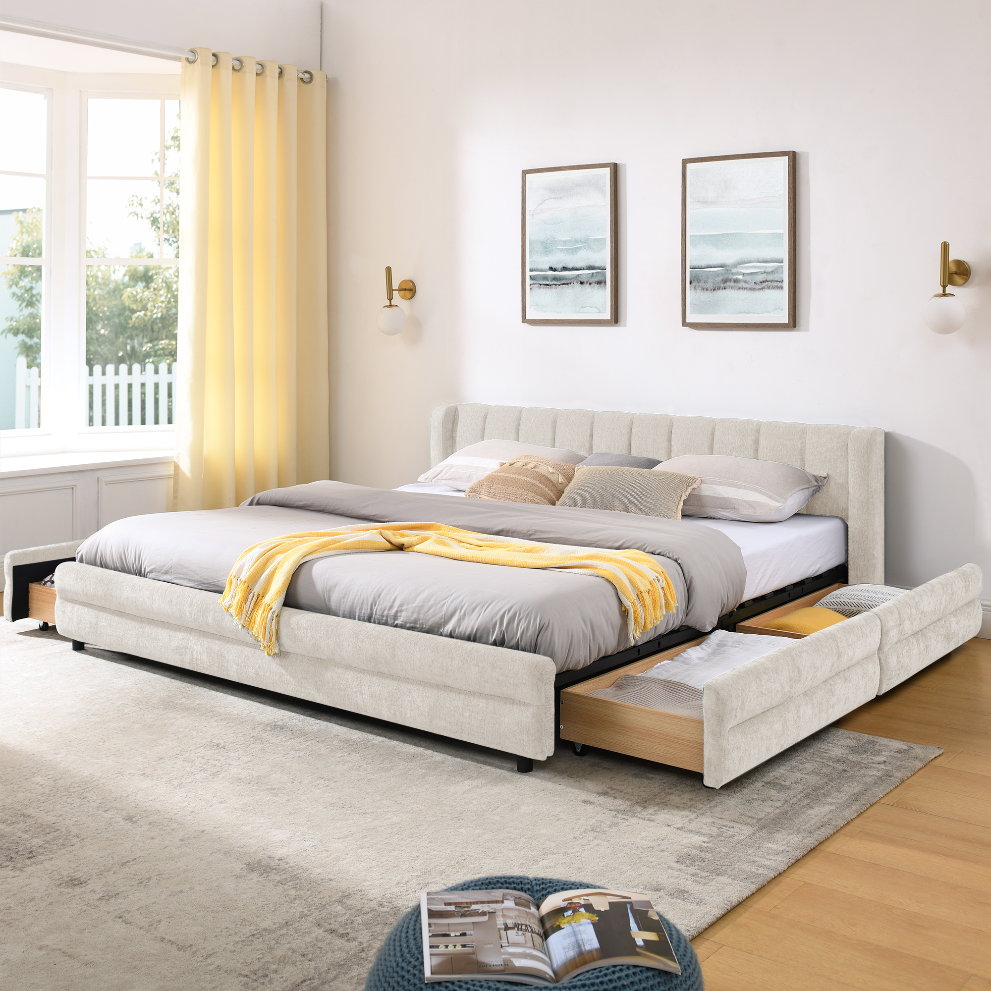 King Size Upholstered Bed Frame With Thick Fabric, Comfortable Upholstered Bed Frame, Chenille Fabric, With Headboard And Solid Bed Frame. With Drawer For Storage-Beige 86.5  X84  X29.5