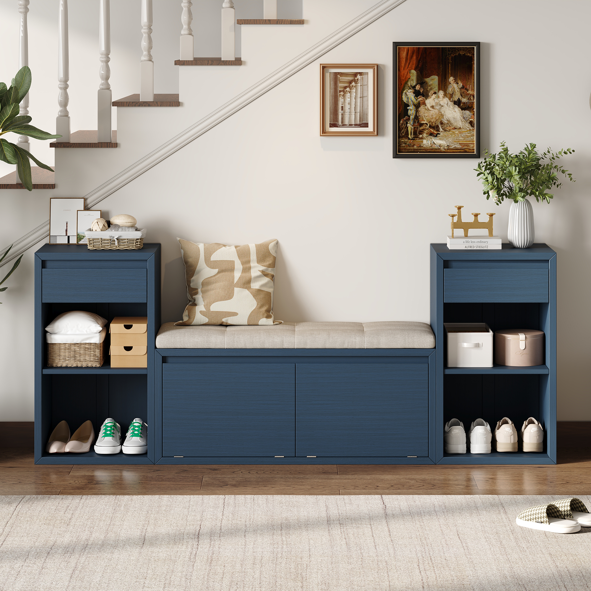TREXM All-in-One Entryway Storage Bench With Cushion, Compartments, Drawers & Open Shelves, Storage Bench For Hallway, Mudroom, Living Room Antique Navy