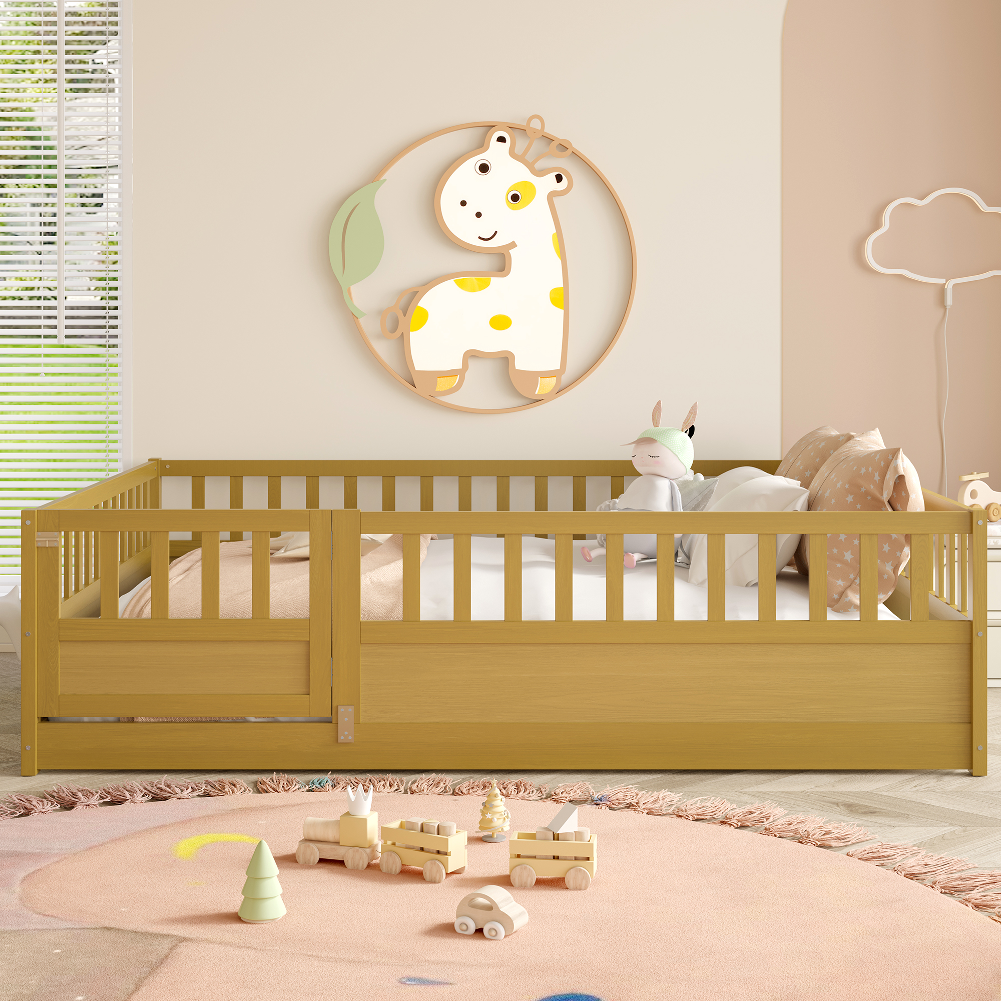 Full Size Floor Bed, Integral Construction With Super High Security Barrier, Door, Children S Floor Bed Frame, Montessori Wooden Children S Floor Bed,