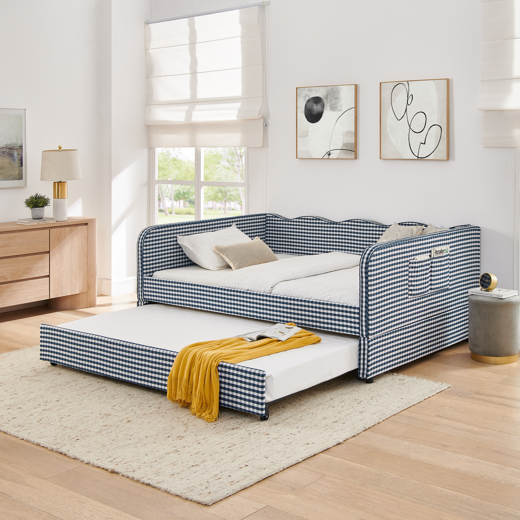 Full Size Daybed, Gingham Upholstered 3 In 1 Versatile Convertible Sofa Bed With Pull Out Trundle & Side Storage Pockets, Ideal For Multiple Room Layouts And Small Space Living-Dark Blue