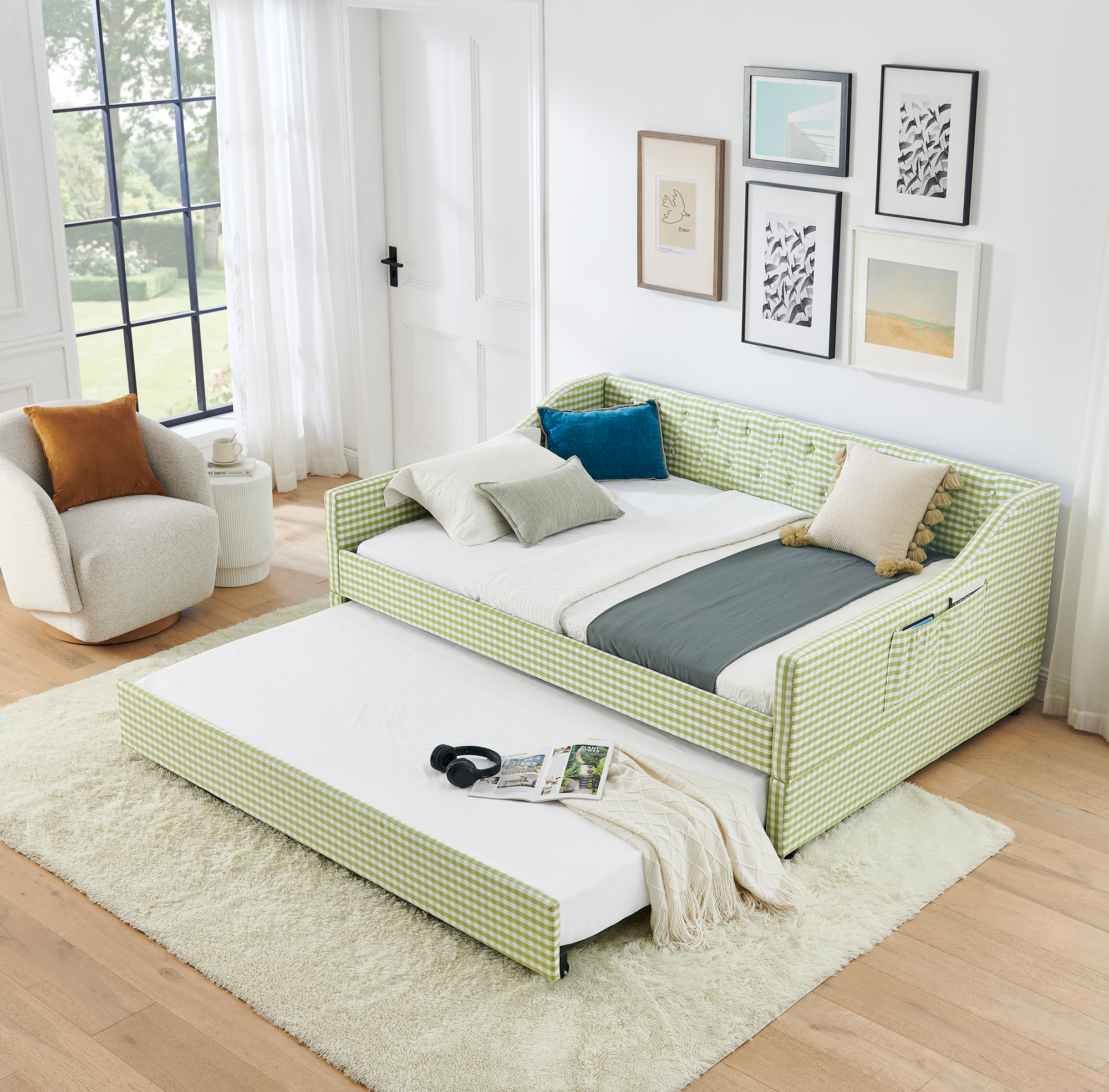 Full Size Daybed,Upholstered Convertible Daybed With Tufted Button Backrest, 3 In 1 Versatile Sofa Bed With Pull Out Trundle & Side Storage, Perfect For Compact Living-Green