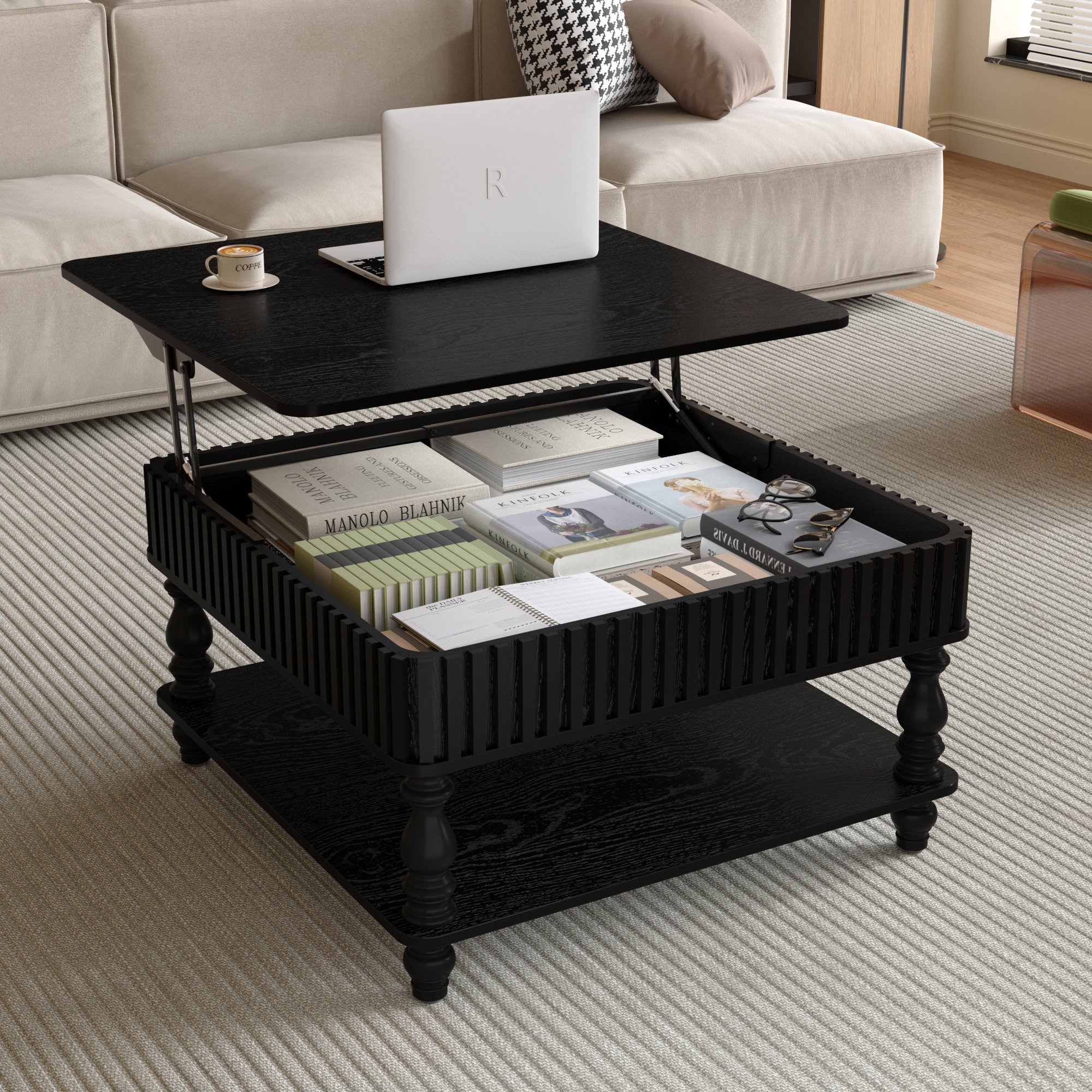 31.5 Inch Square Fluted Lift-Top Coffee Table With Hidden & Open Storage, Hydraulic Raising Mechanism, Retro Solid Wood Legs For Living Room, Sofa  Black