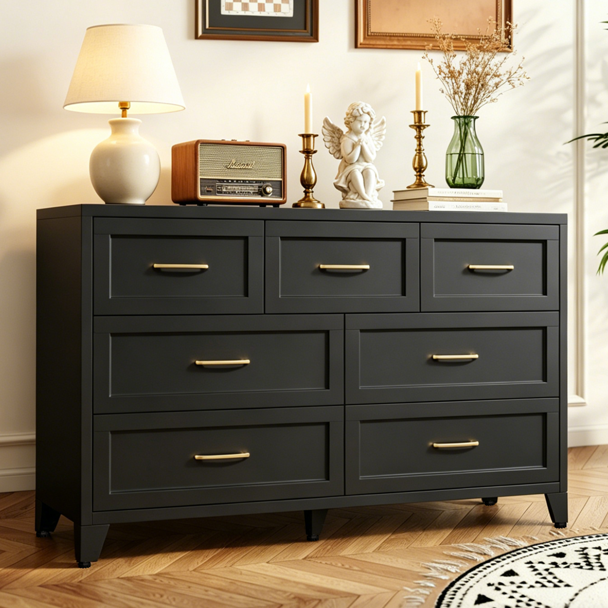 7-Drawer Dresser, Wide Low-Profile Storage Cabinet, Black Metal Chest Of Drawers For Bedroom, Living Room & Entryway