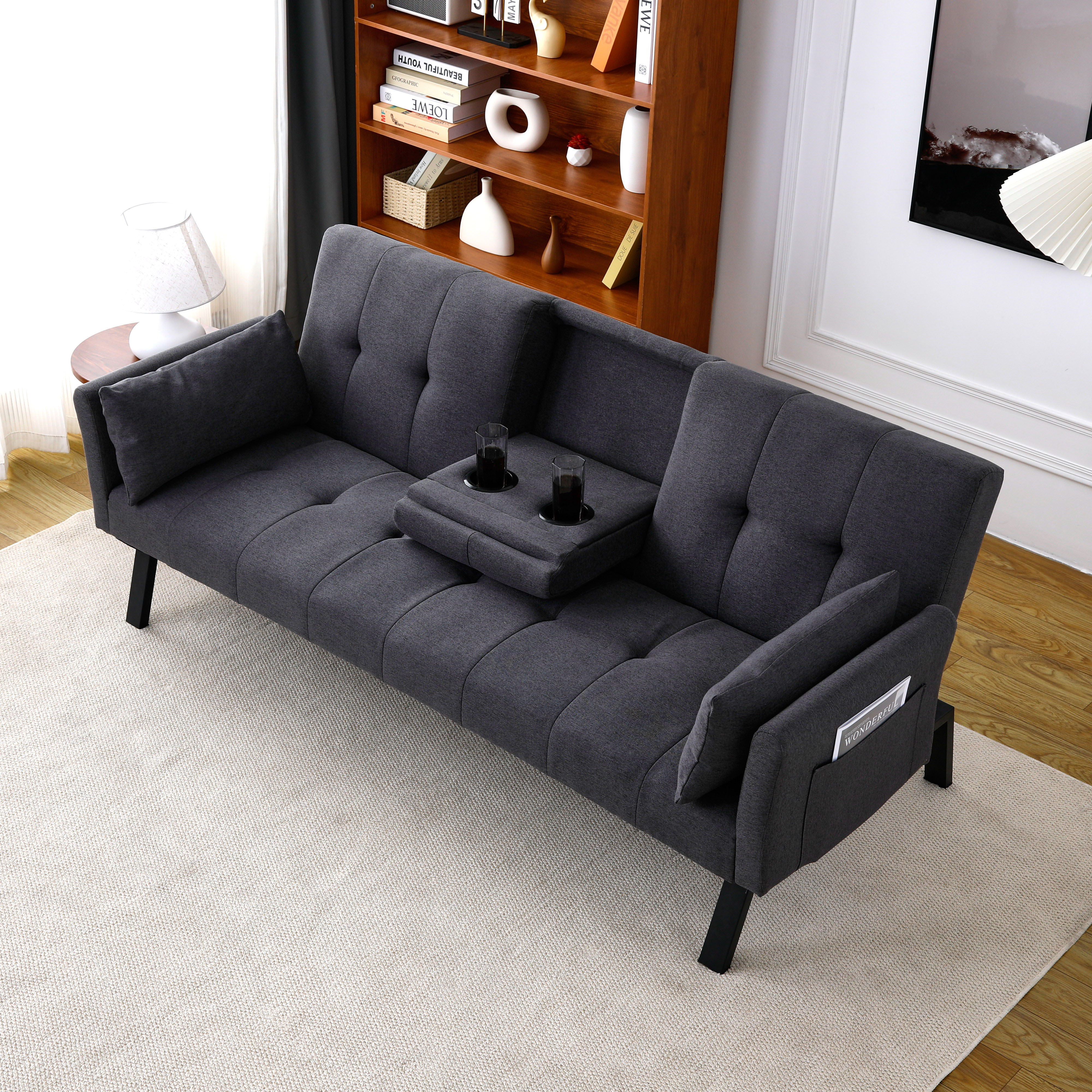 70-inch Multi-functional Cotton And Linen Sofa Bed Foldable   Cup Holder   Side Storage, Instantly Switch Between Living Room And Bedroom