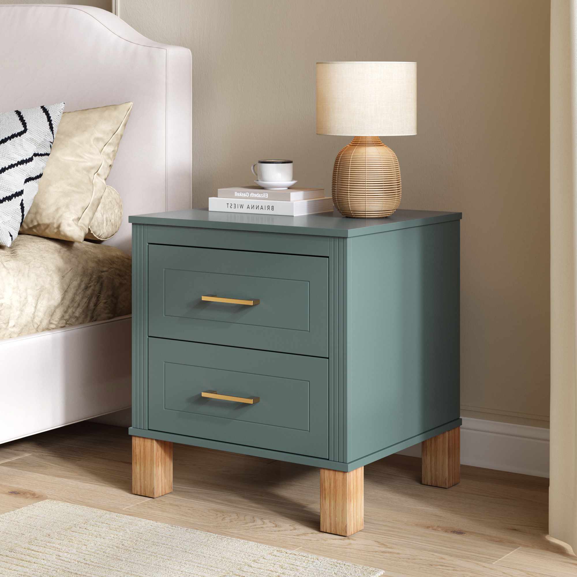 2 Drawer Nightstand, Premium Wood Storage With Elegant Fluted Design, Solid Wood Legs Nightstand With Metal Handle, Tall Bedside Table For Bedroom Living Room,Blue