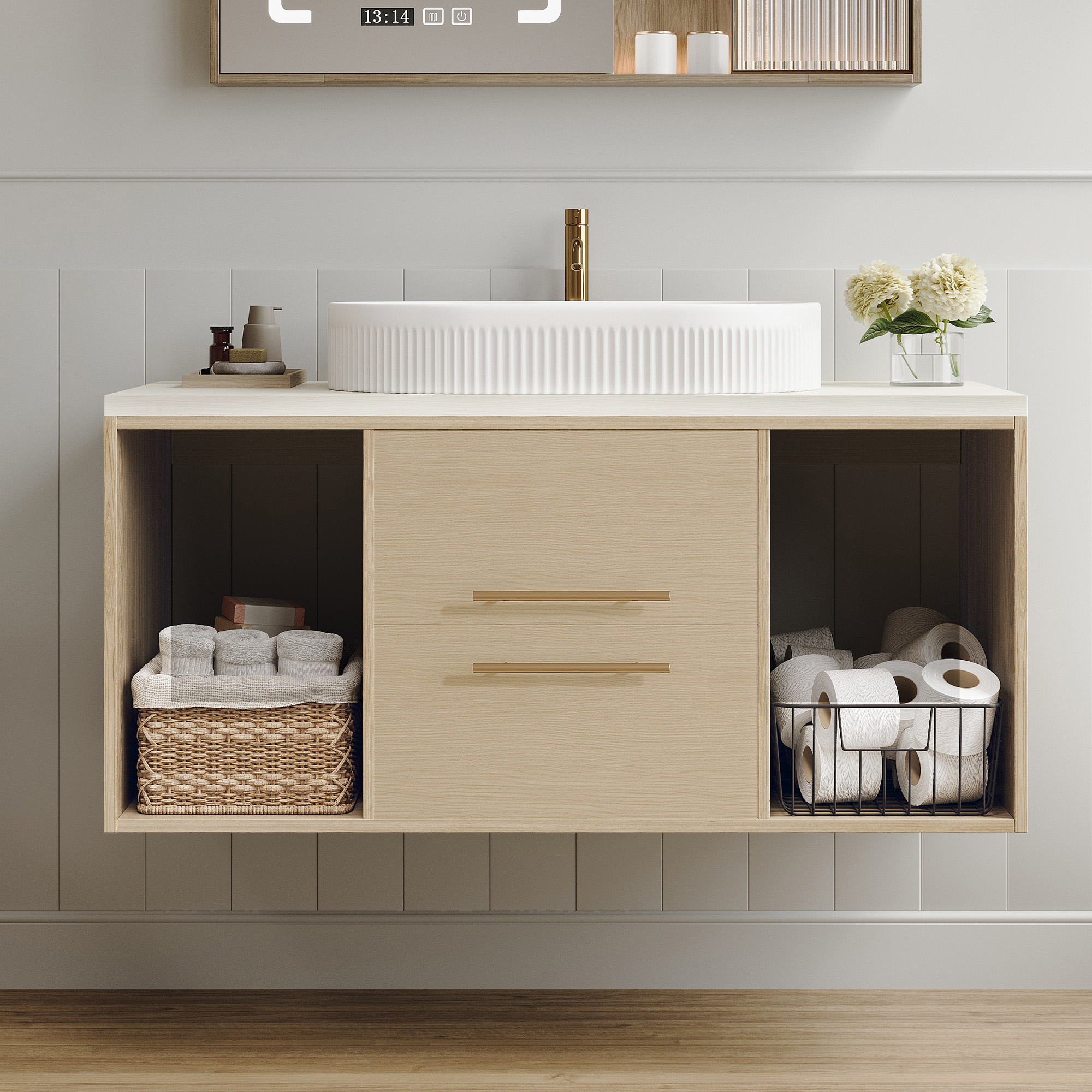 Modern 39.3 Wall-Mounted Bathroom Vanity With Oval Ceramic Sink Floating Vanity Multi-Layer Solid Wood Cabinet Soft-Close Drawers Open Shelf Storage