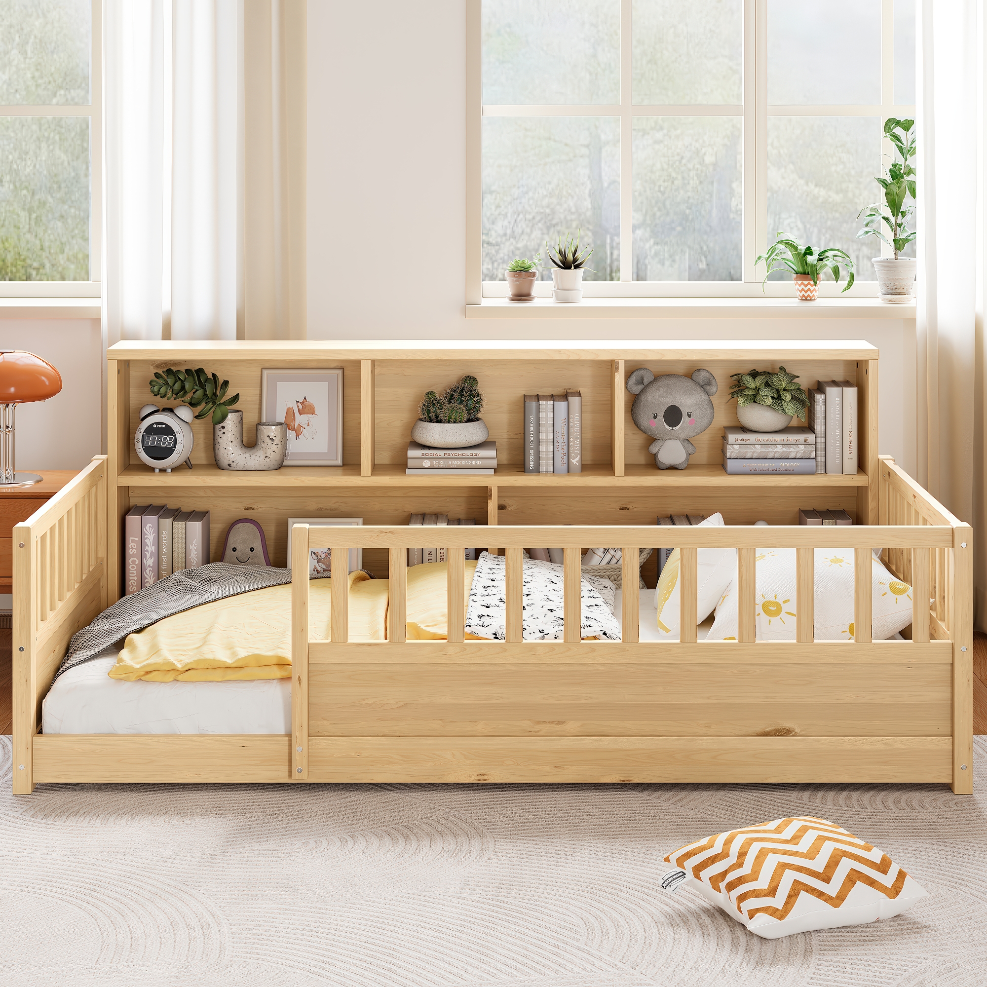 A Twin-sized Wooden Floor Bed With A Fence-style Guardrail, Featuring A Side Storage Decorative Function, And Its Color Is In The Natural Wood Tone.