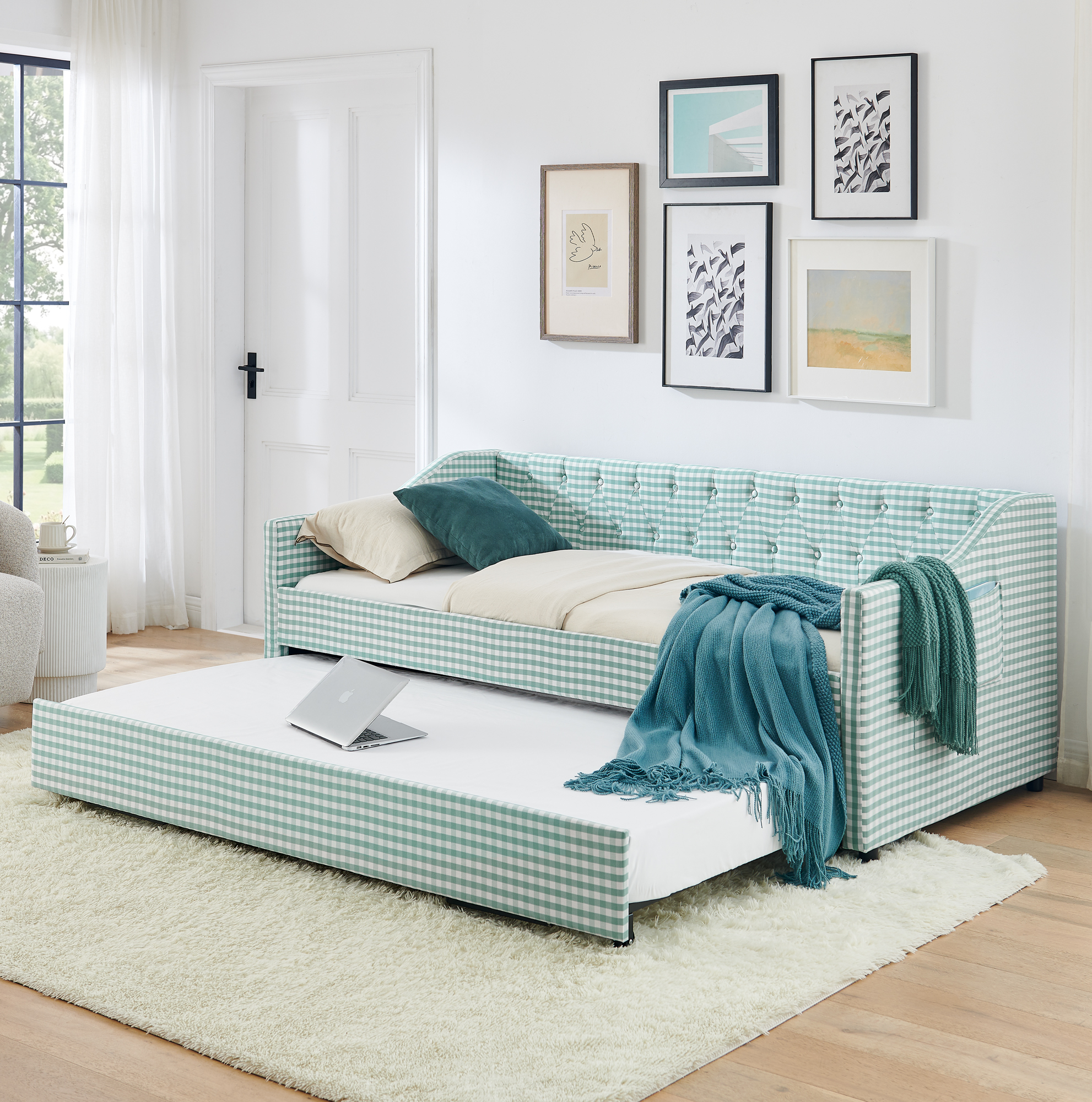 Twin Size Daybed,Upholstered Convertible Daybed With Tufted Button Backrest, 3 In 1 Versatile Sofa Bed With Pull Out Trundle & Side Storage, Perfect For Compact Living-CYAN