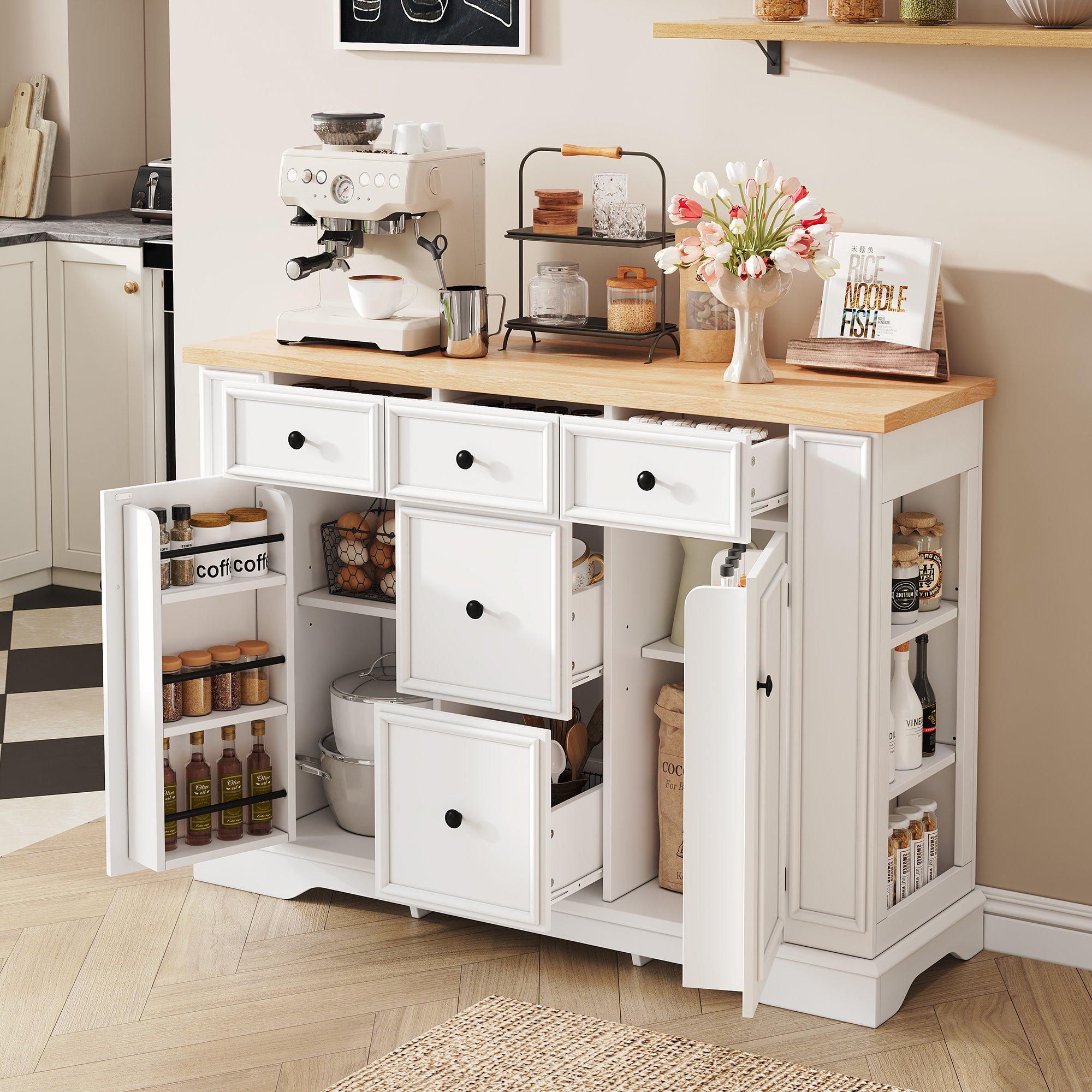TREXM Sideboard Buffet Cabinet With Storage, Kitchen Console Table With 5 Drawers, 2 Cabinets, Adjustable Shelves, Buffet Server For Dining Room, Living Room, Entryway  White