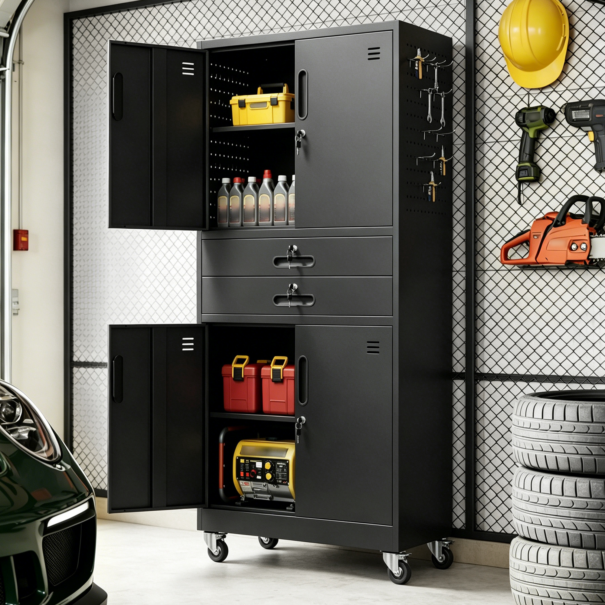 Metal Storage Cabinet With Two Drawers, 71  Garage Cabinet With Locking Doors And 2 Adjustable Shelves, Heavy Duty Tool Cabinet With Pegboard, 8 Hooks & Rolling Wheels For Home Office Utility