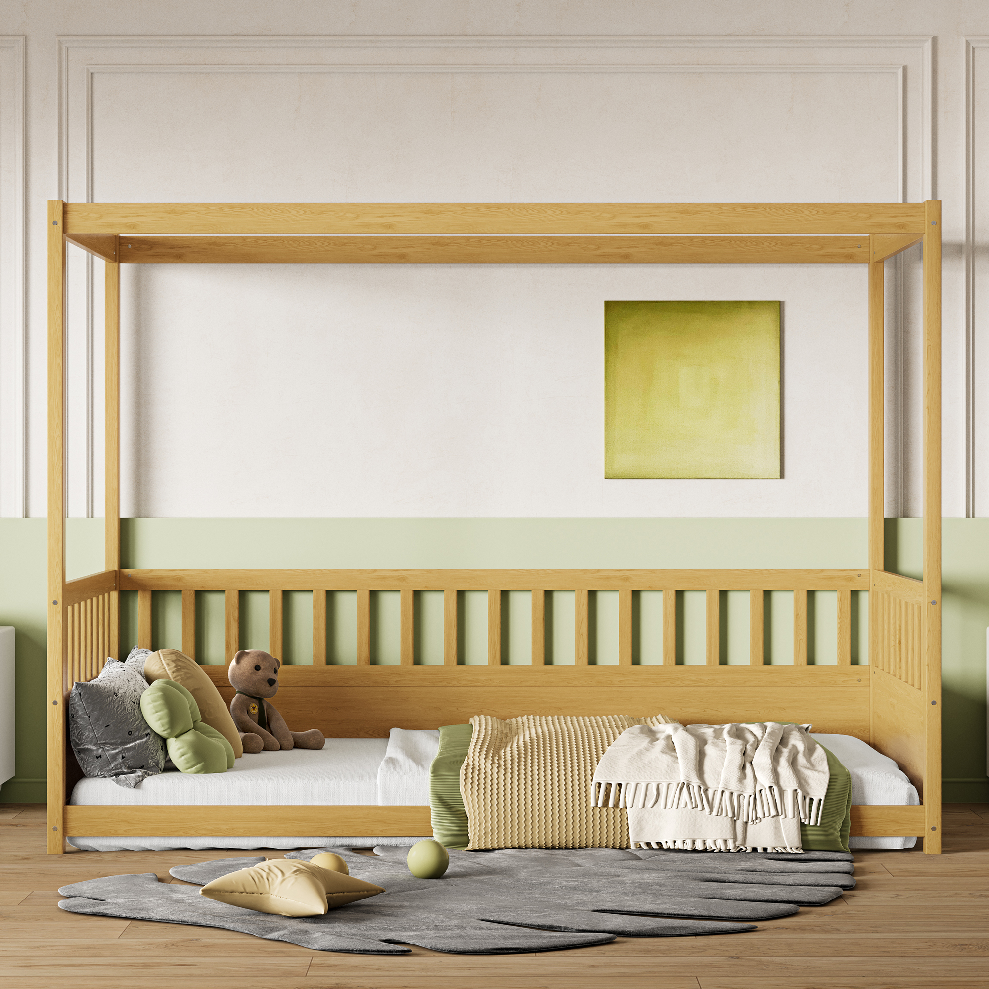 Twin Size Canopy Bed Frame With Guardrails For Kids,Floor Bed Twin With Four Poster Design,Kids Montessori Floor Bed,Wood Canopy Bed Frame For Girls,B
