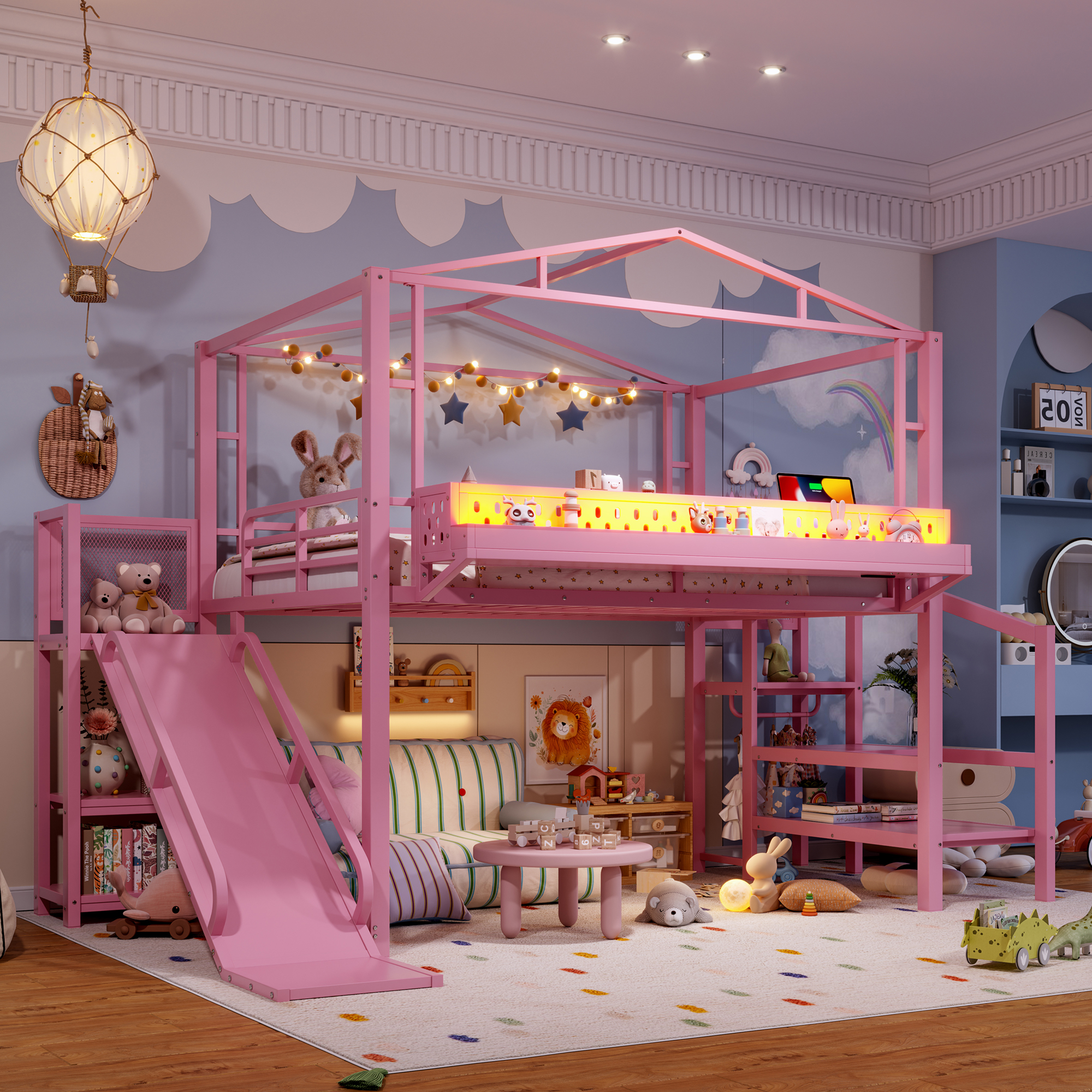 Full Size Loft Bed With Storage Stairs, Shelves And Built-in Wardrobe, Metal Loft Bed Frame With USB Ports And LED Lights, Noise-reduced Design, Pink