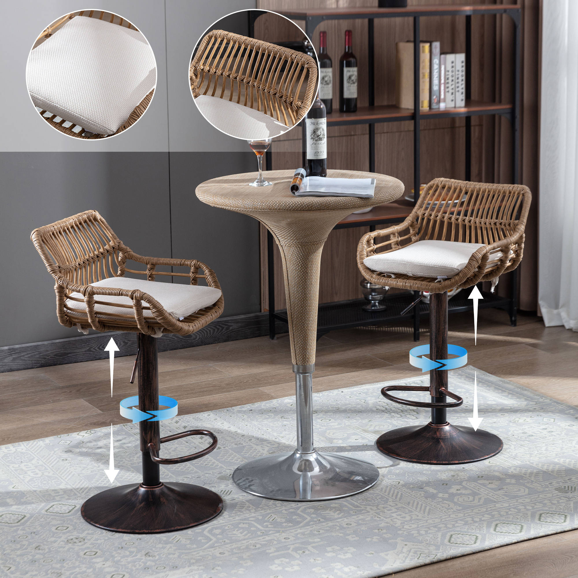 Modern Swivel Bar Stools Set Of 2 Adjustable Counter Height Chairs With Footrest For Kitchen, Dining Room  Beige