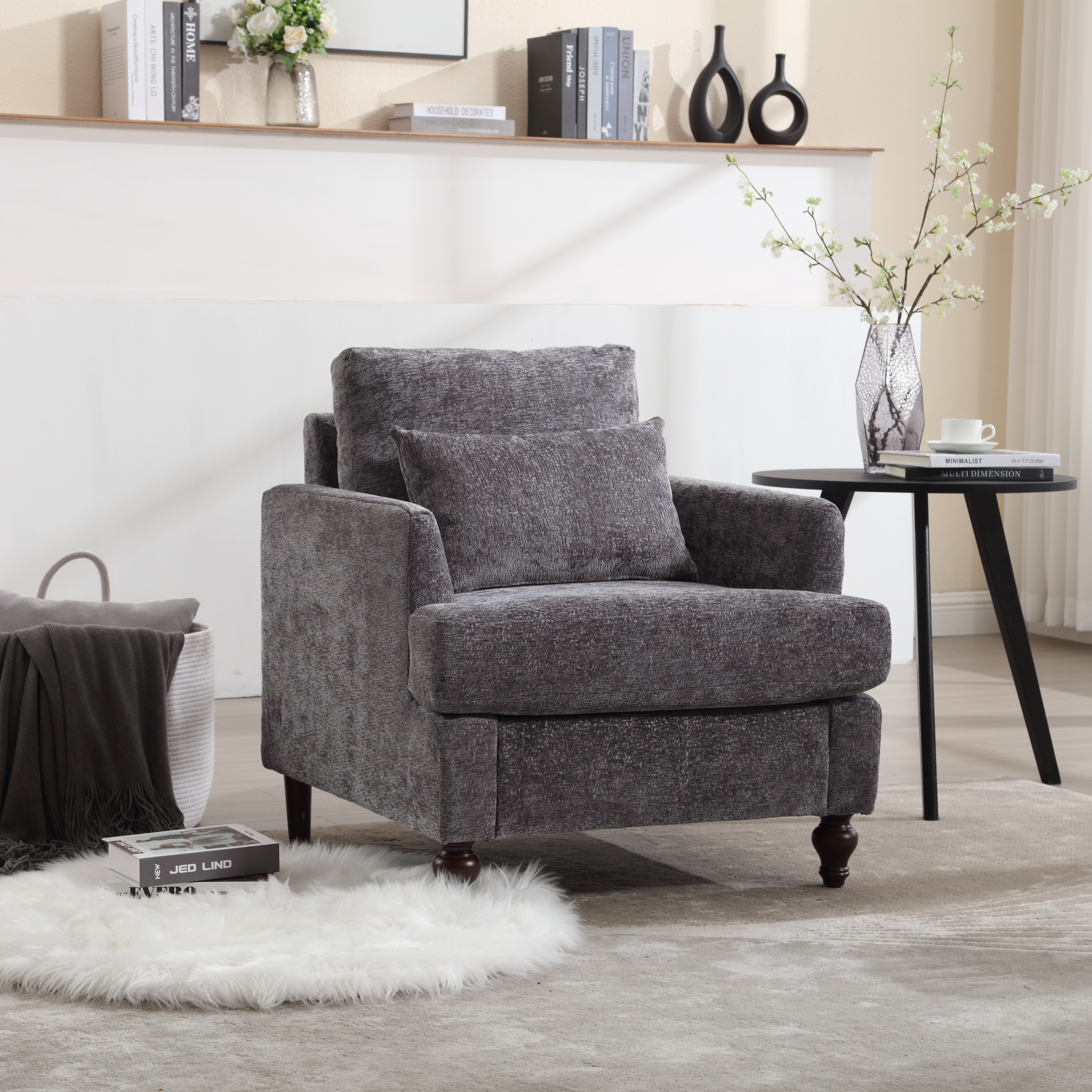 Wood Frame Armchair, Modern Accent Chair Lounge Chair For Living Room,Tufted Club Chair, Mid Century Modern Arm Chairs With Studded, Solid Wood Frame, For Bedroom, Reading Gray Chenille