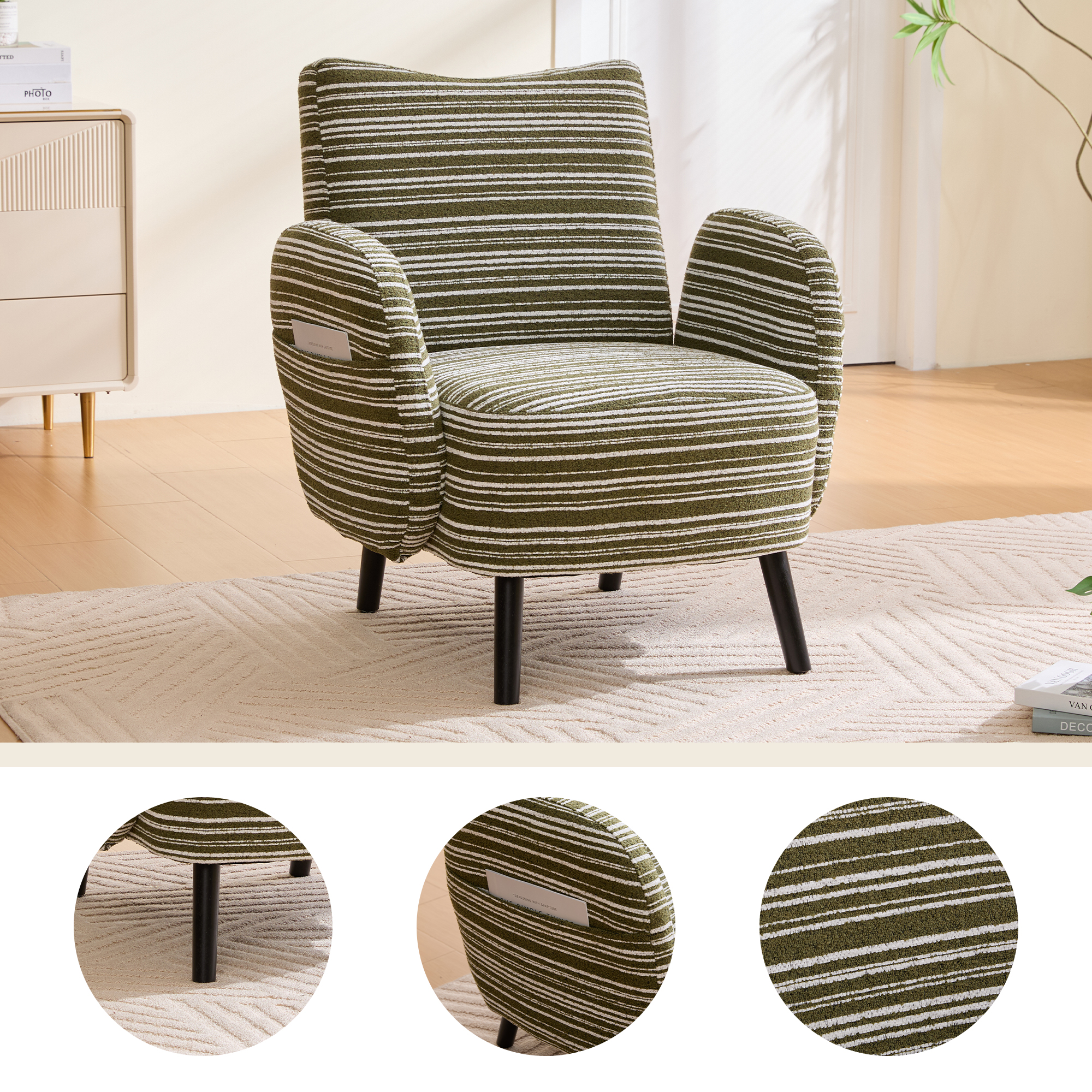 Modern Style Armchair With Sanded Fabric, Side Storage Pocket, Solid Wood Legs, Comfortable Reading Chair For Living Room, Bedroom, Office