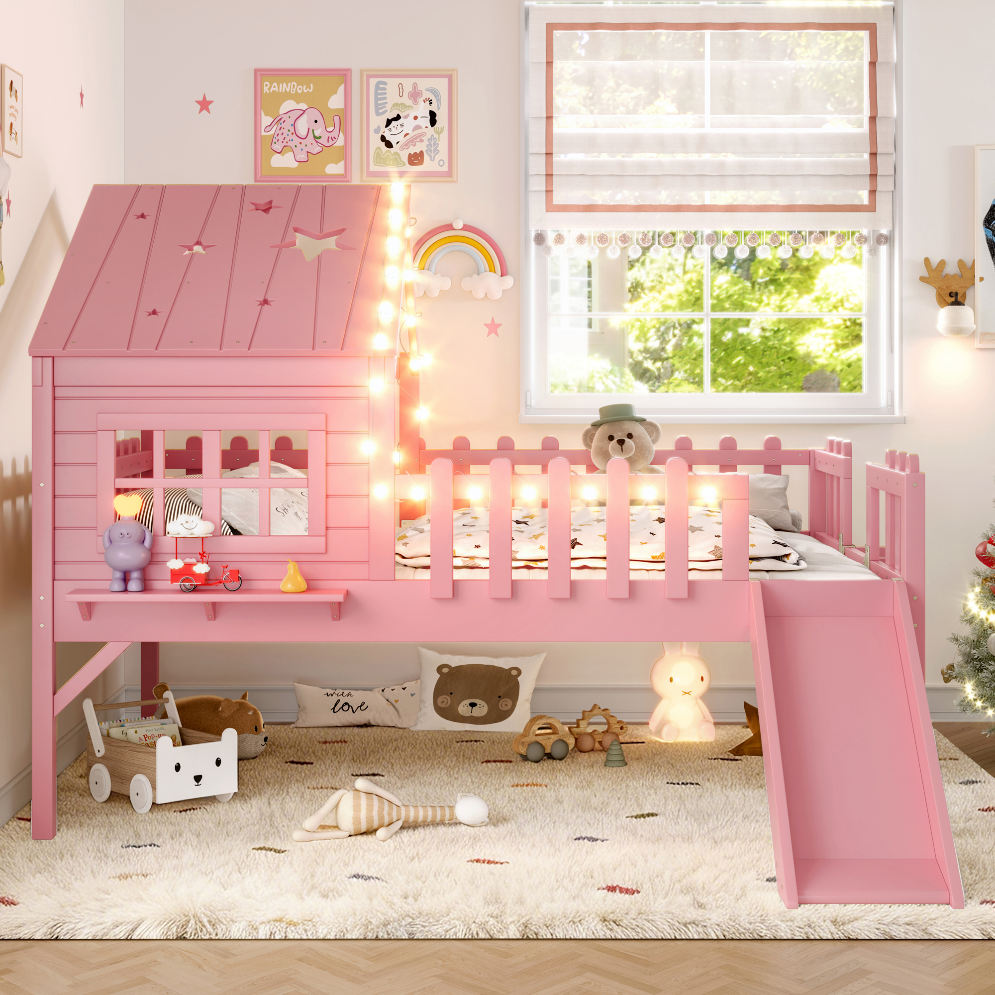 Full Size House Loft Bed With Slide,Playhouse Bed With Star-shaped Designs And Window, Chic Design With LED Lights,No Box Spring Needed,Pink