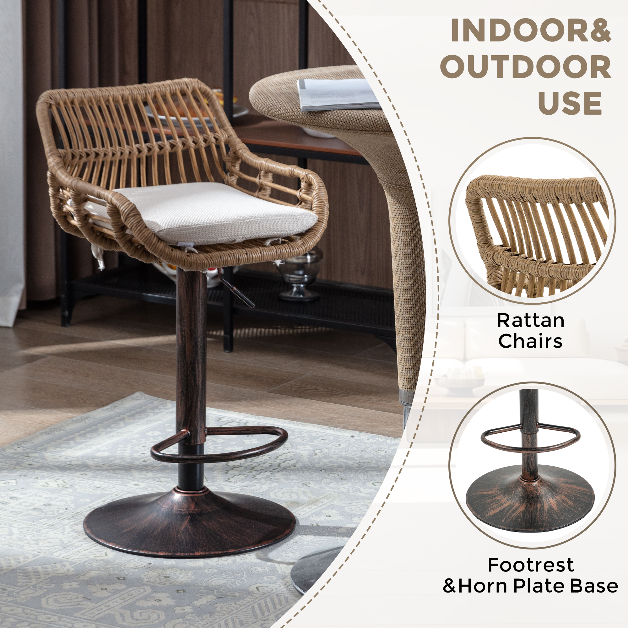 Modern Swivel Bar Stools Set Of 2 Adjustable Counter Height Chairs With Footrest For Kitchen, Dining Room Beige