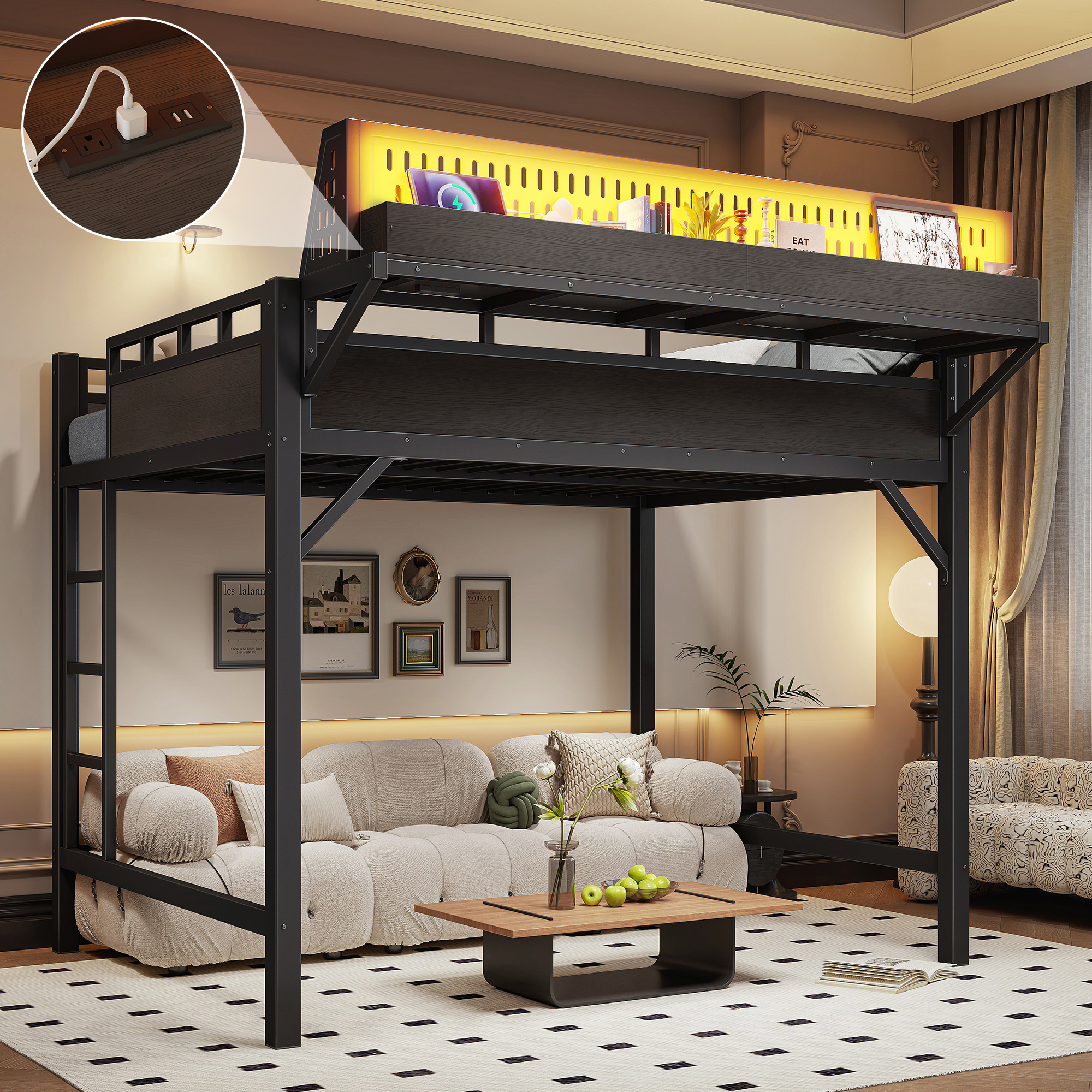 Ful Size Loft Bed Frame With Storage Shelves And Pegboard, Metal Loft Bed With USB Ports And LED Lights, Safe And Sturdy, Black