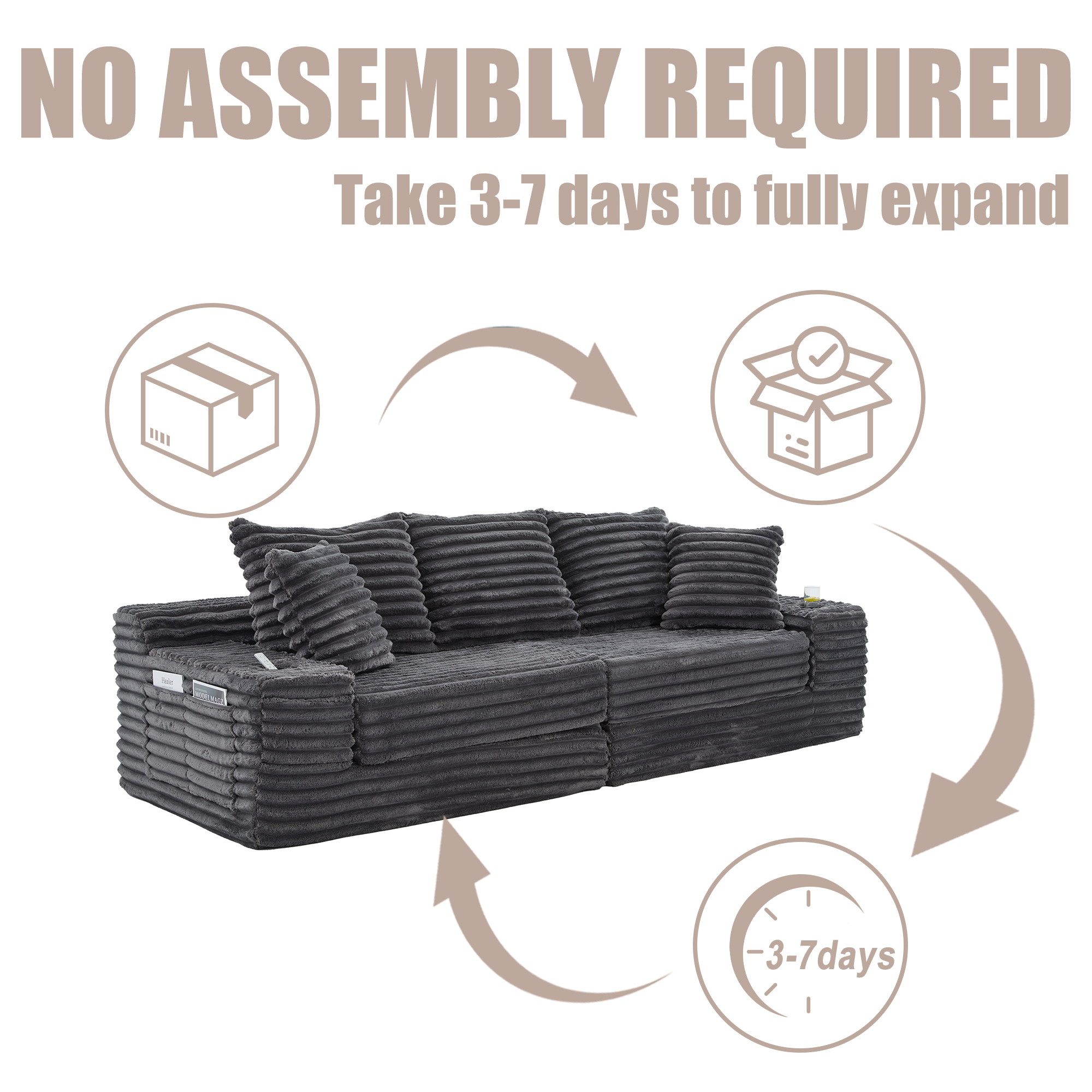 Oversized Boneless Four Seats Sofa With Cup Holder And Side Pockets, Upholstered Corduroy Sofa Bed Cloud Couch With 3 Pillows, 2 Lumbar Pillows.Living Room, Bedroom,No Assembly ,Breathable Material