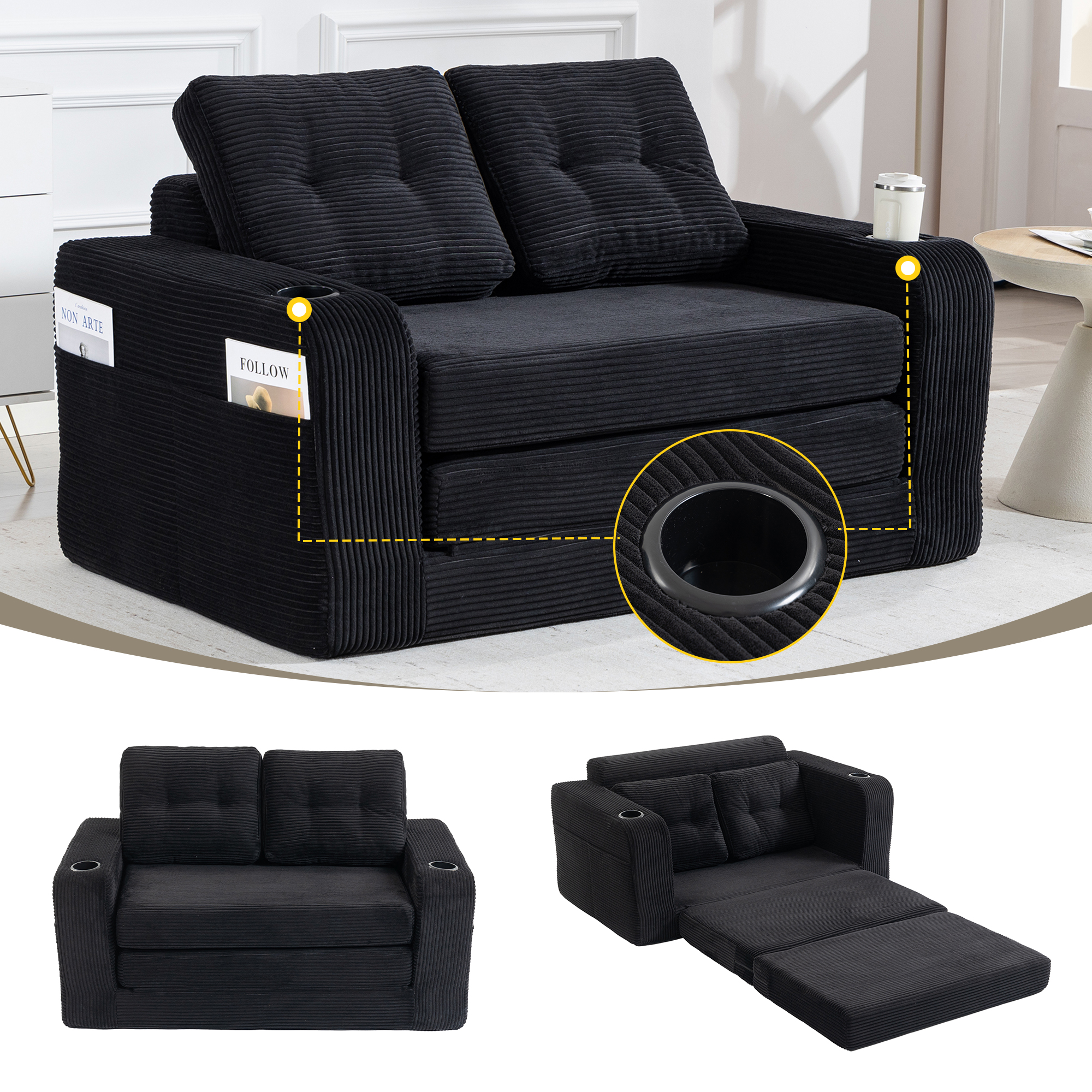 Convertible Sofa Bed,Expandable Double Sofa Bed, 2 In 1 Convertible Sofa Bed, Fold Out Floor Couch With Pillows For Living Room Bedroom Lounge