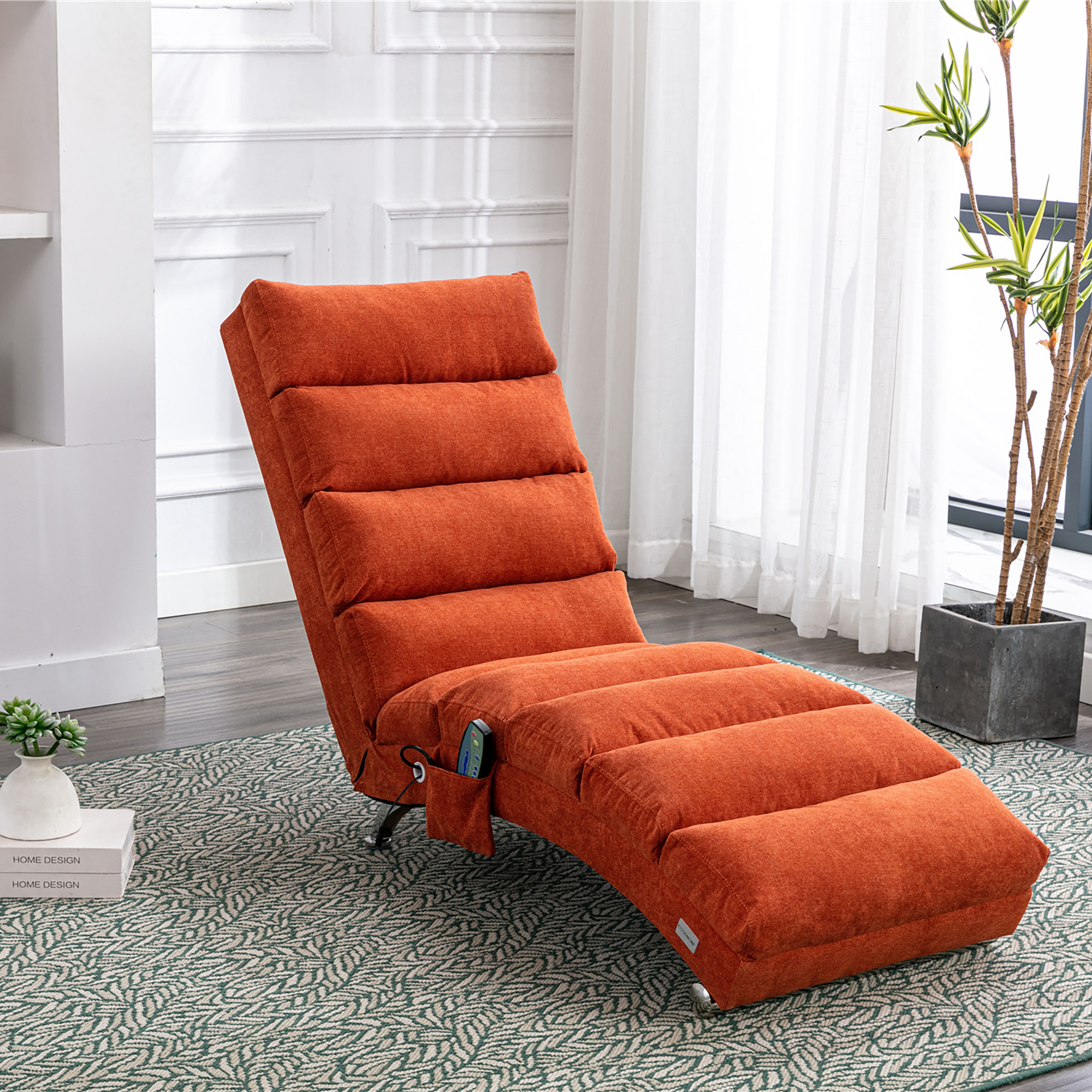 COOLMORE Luxury Upholstered Chaise Lounge Chair With Vibration For Relaxation, Modern Fixed Back Fabric Leisure Recliner Sofa For Living Room Bedroom