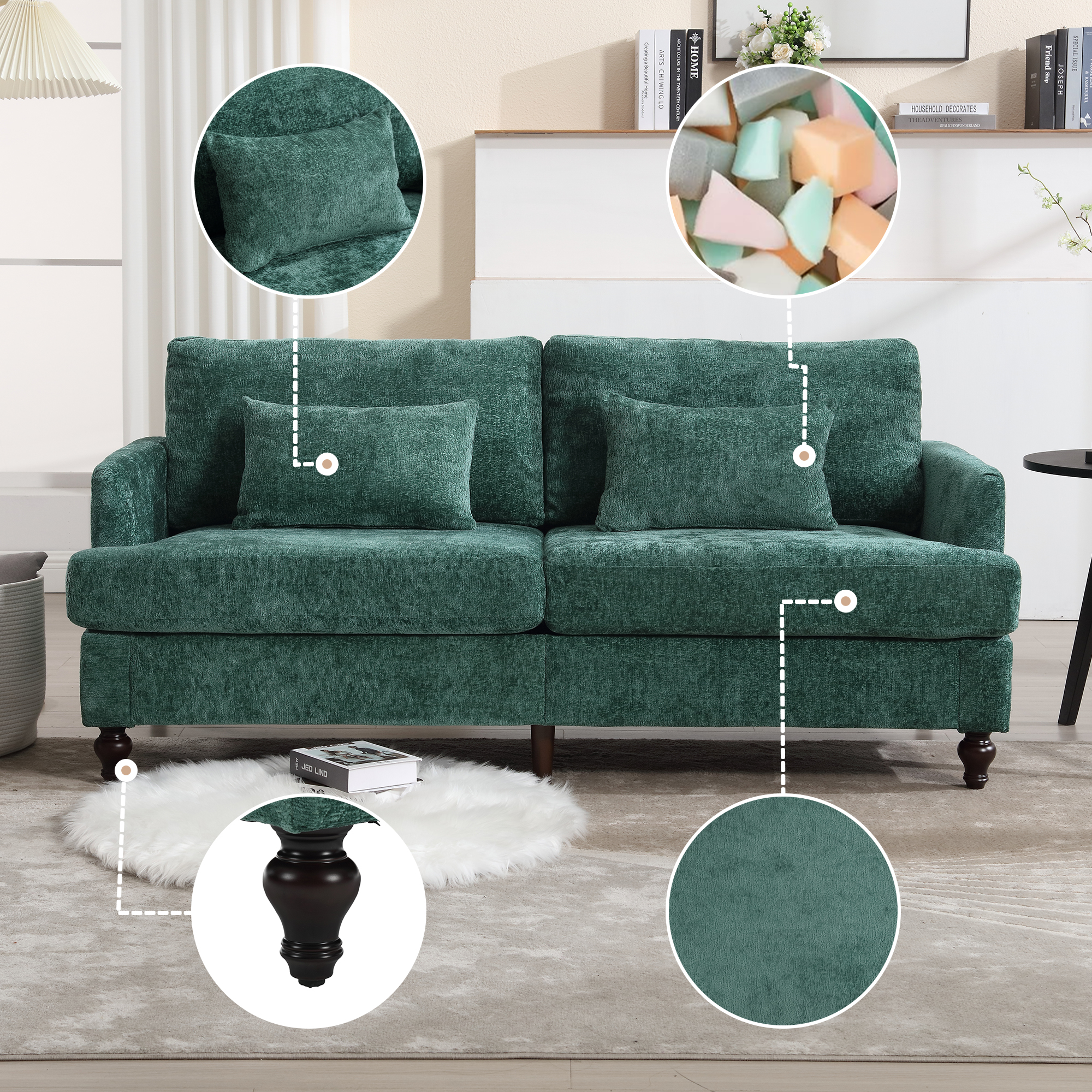 Mid Century Modern Chenille Fabric Loveseat Sofa, 2-Seat Upholstered Loveseat Sofa Modern Couch For Living Room,Brown Wood Feet Sofa For Bedroom, Reading  Emerald Chenille