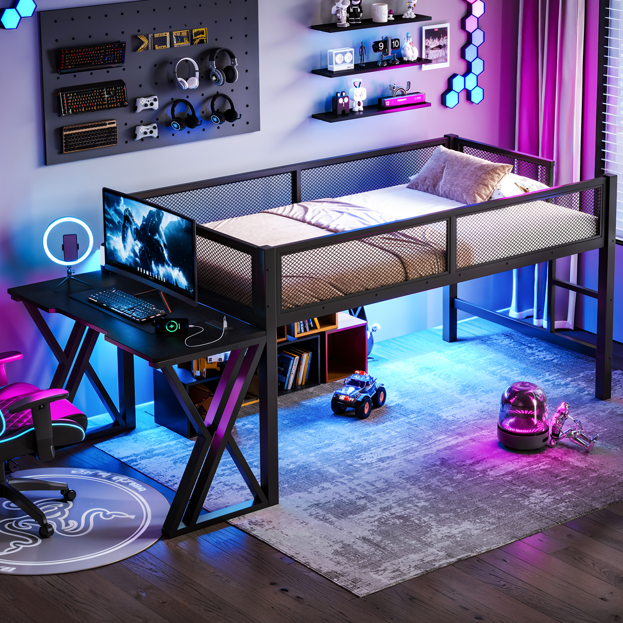 Twin XL Size Gaming Loft Bed With Desk Of X-shaped Leg ,LED Lights, USB Ports, Staircase & Mesh Guardrail - Black Metal Frame, Space-Saving Elevated Bed For Dorms, Bedrooms, & Gaming Setups