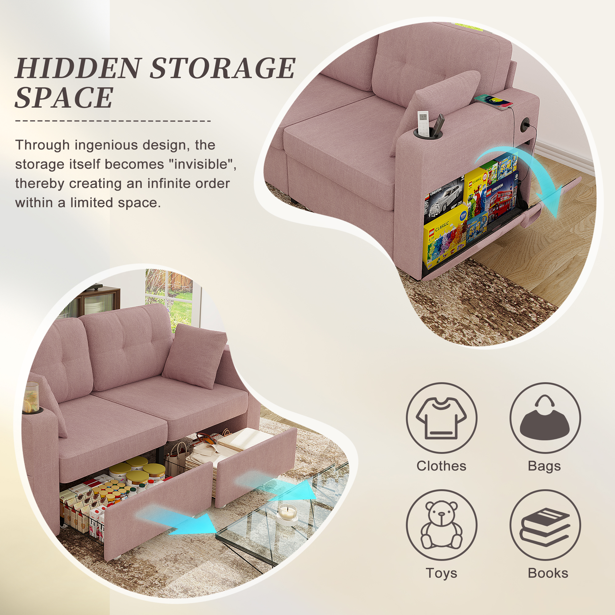 Sofas For Living Room, Couch Set,3 Seats Sofa, USB Charging,Wood Frame,Easy To Install,with Storage, Charging Station,Cup Holder,Modern Sectional Sofas For Living Room, Apartment,Chenille Fabric