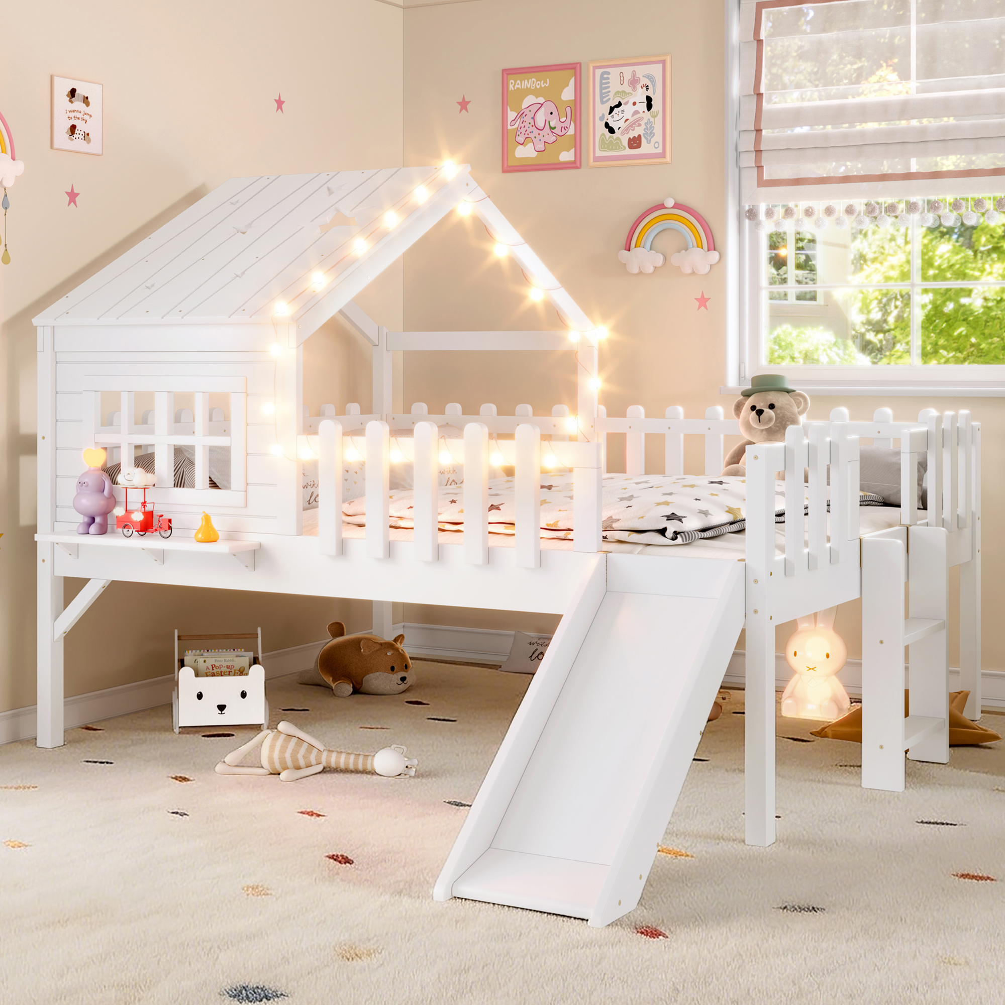 Full  Size House Loft Bed With Slide,Playhouse Bed With Star-shaped Designs And Window, Chic Design With LED Lights,No Box Spring Needed,White