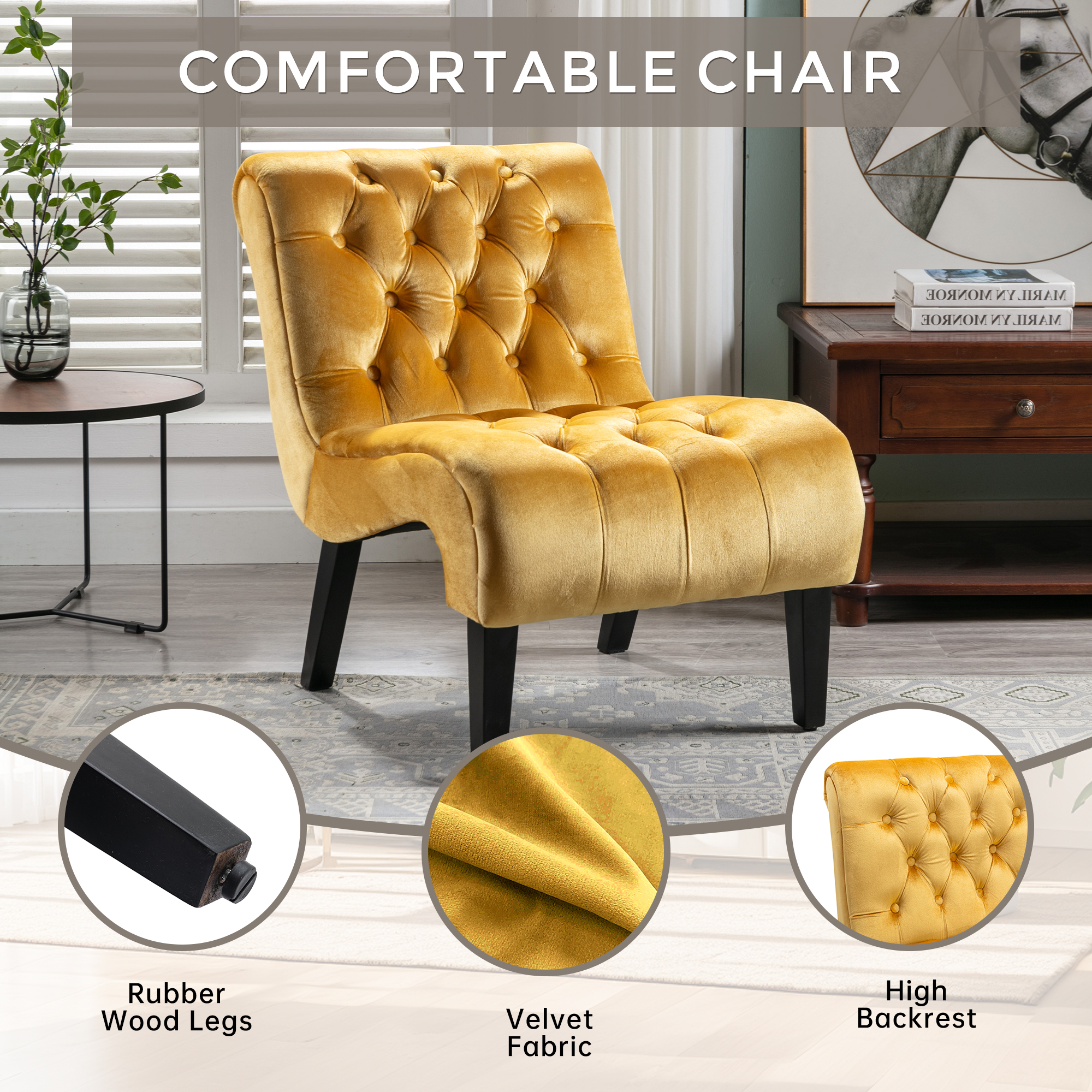 COOLMORE Modern Velvet Armless Accent Living Room Chair Leisure Chair,Upholstered Fabric Button Comfortable Chair With Wooden Legs For Bedroom, Living Room, Office Mustard Velvet