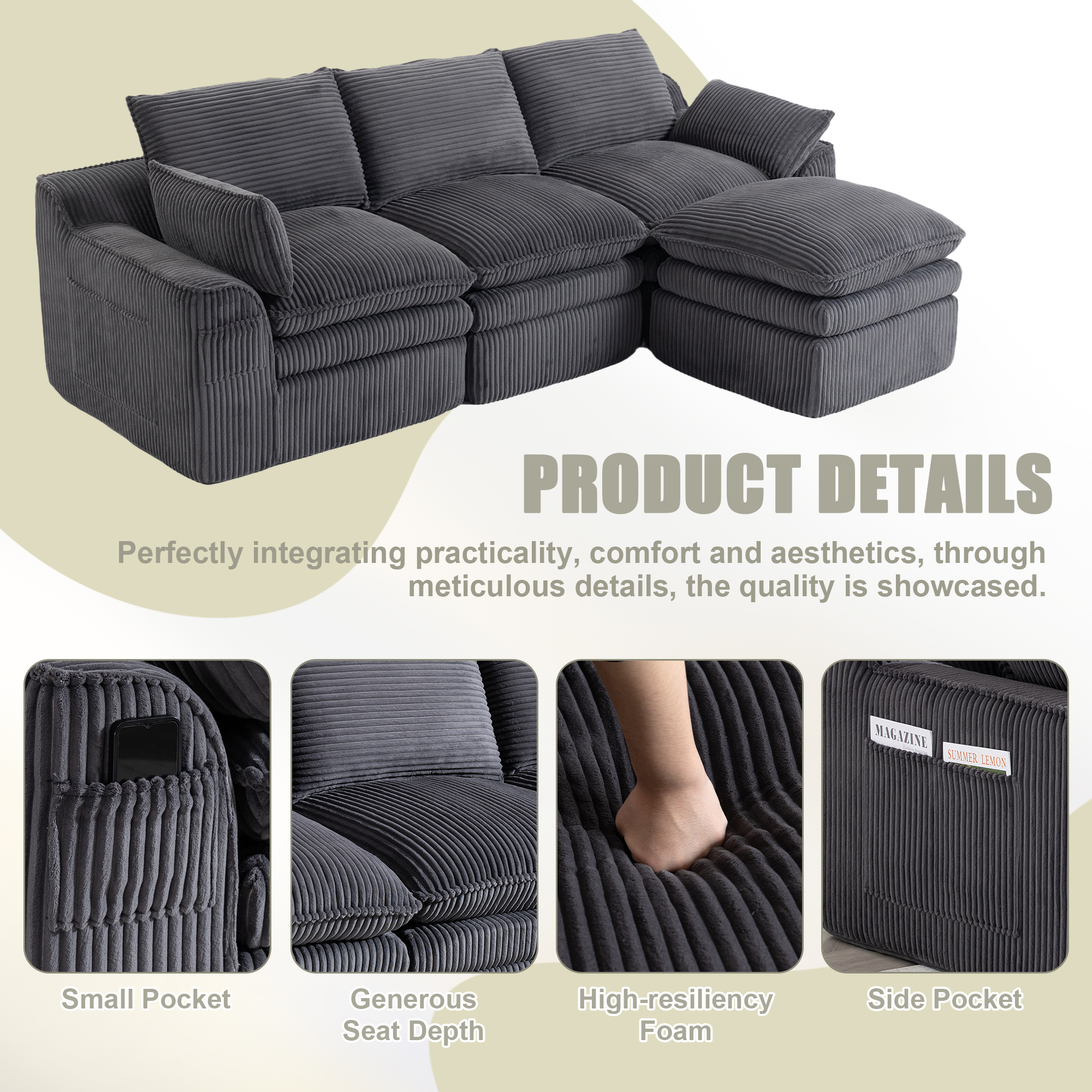 L Shaped Compressed Modular Sectional Sofa Modern Corduroy Upholstered Boneless Couches With Movable Footstool,With Three Pillows And Two Lumbar Pillows,Detachable Cloud Seat Cushions
