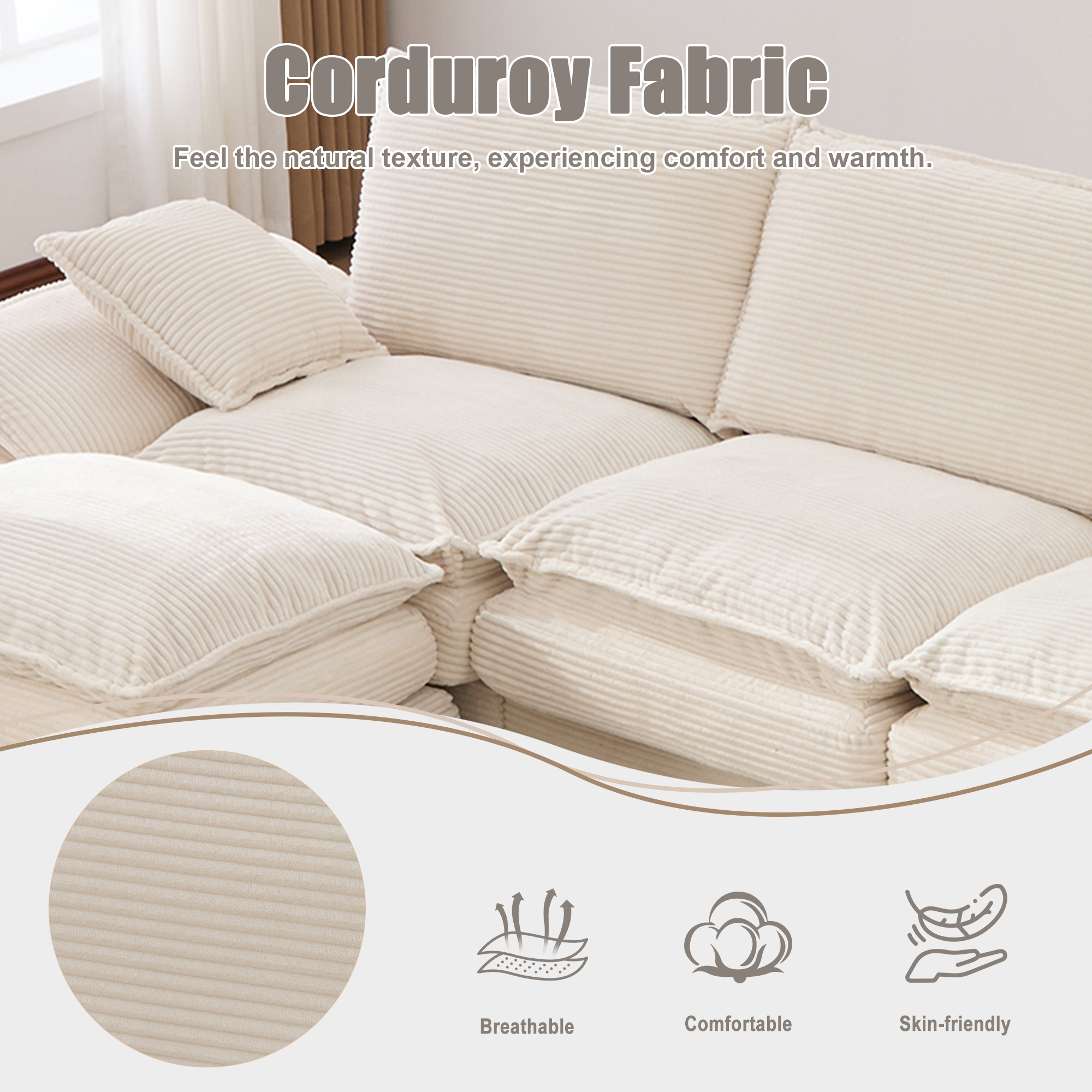 Sectional Cloud Modular Sofa,Deep Seat Sofa, Corduroy Sofa,Comfy Upholstered Furniture For Living Room, Apartment, Studio, Office,Having Multiple Combinations