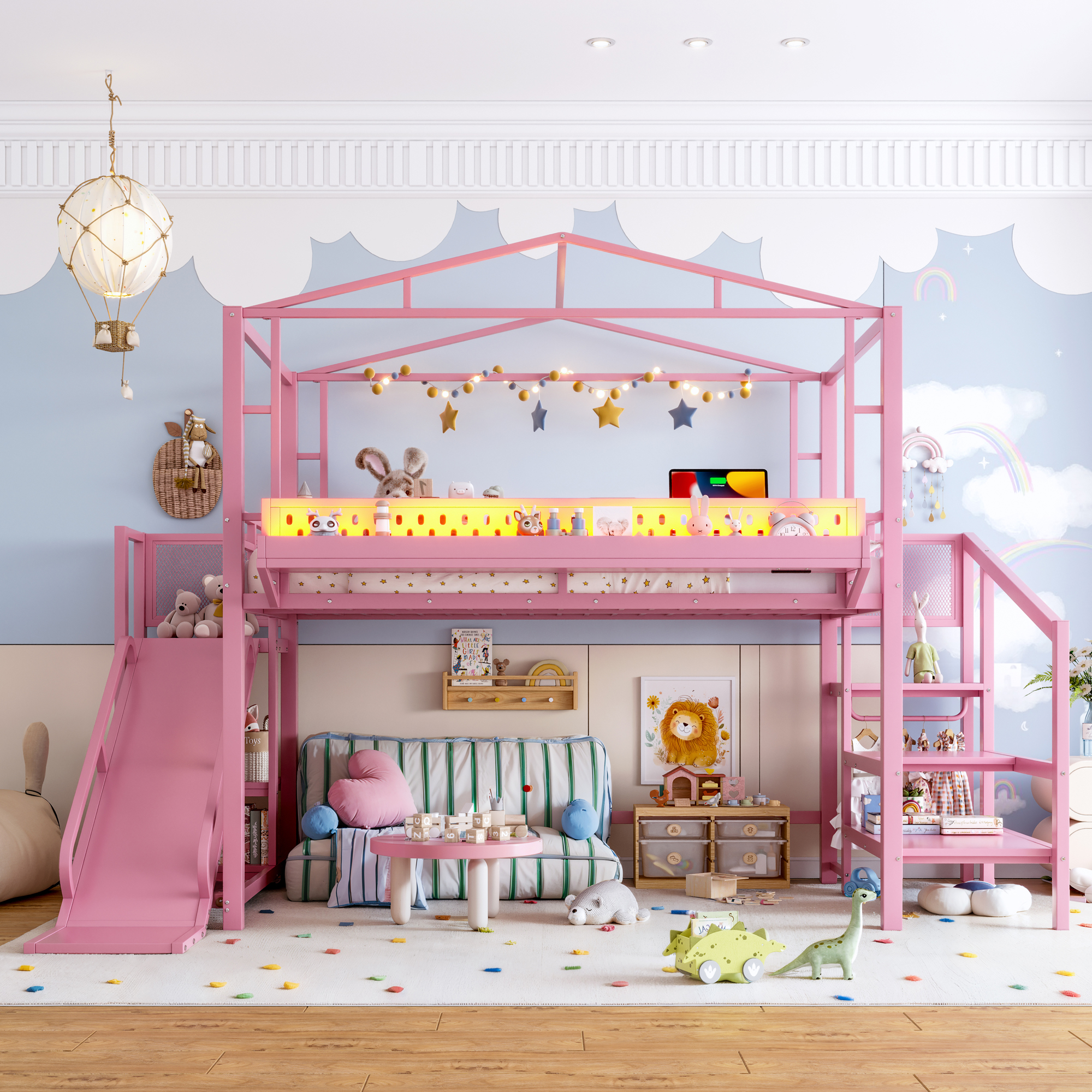 Full Size Loft Bed With Storage Stairs, Shelves And Built-in Wardrobe, Metal Loft Bed Frame With USB Ports And LED Lights, Noise-reduced Design, Pink