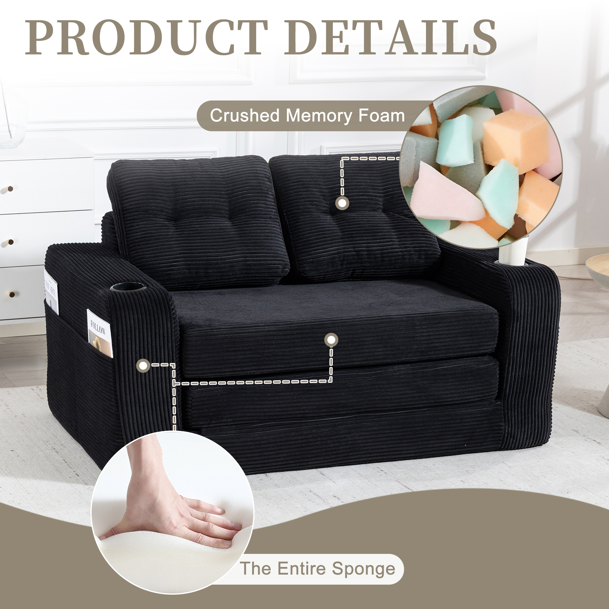 Convertible Sofa Bed,Expandable Double Sofa Bed, 2 In 1 Convertible Sofa Bed, Fold Out Floor Couch With Pillows For Living Room Bedroom Lounge