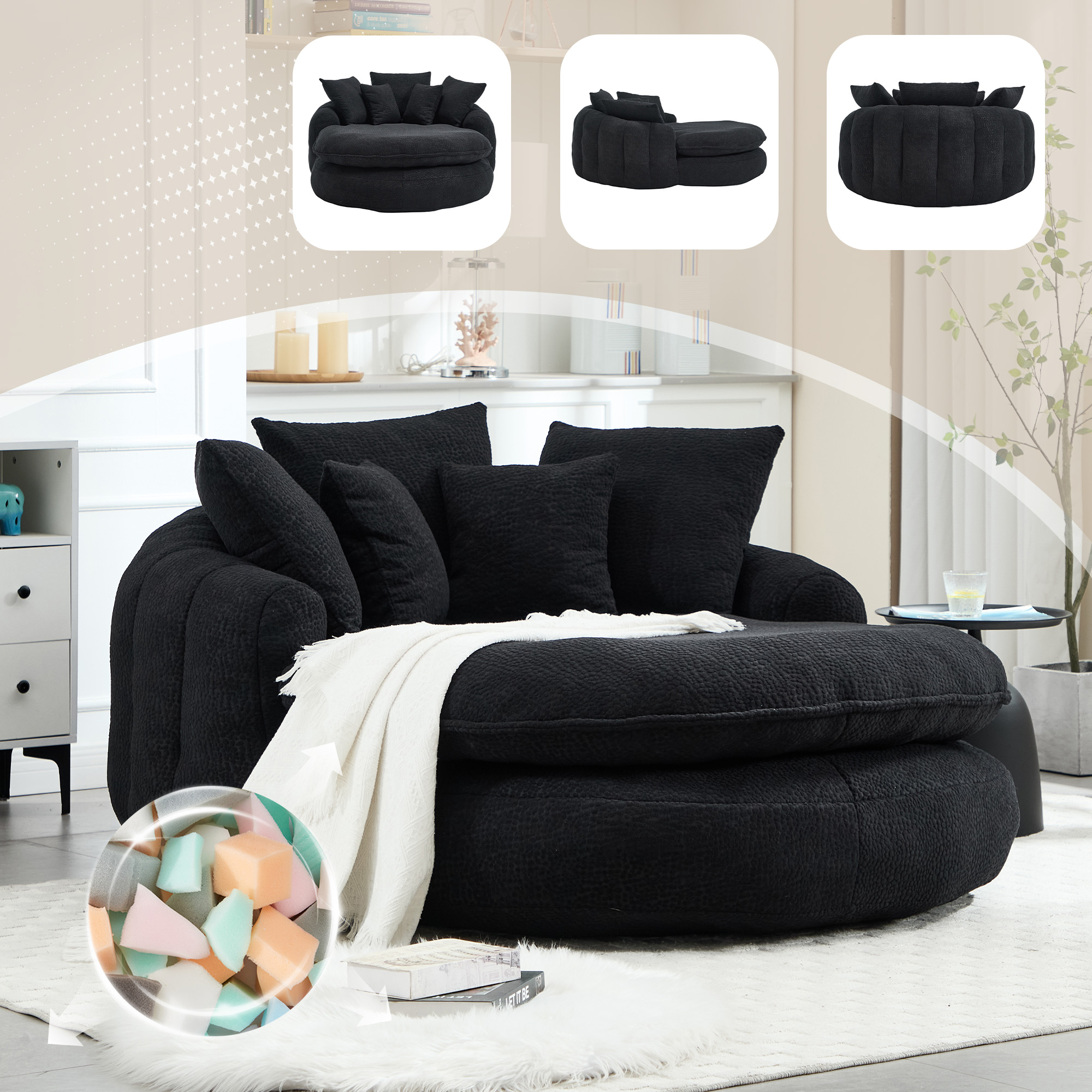 Oversized Oval Upholstered Bean Bag Sofa, Lazy Sofa With 3 Large Pillows And 2 Small Pillows, Wrap Around Backrest For Adults, Chenille Fabric Lazy Floor Bean Bag Sofa