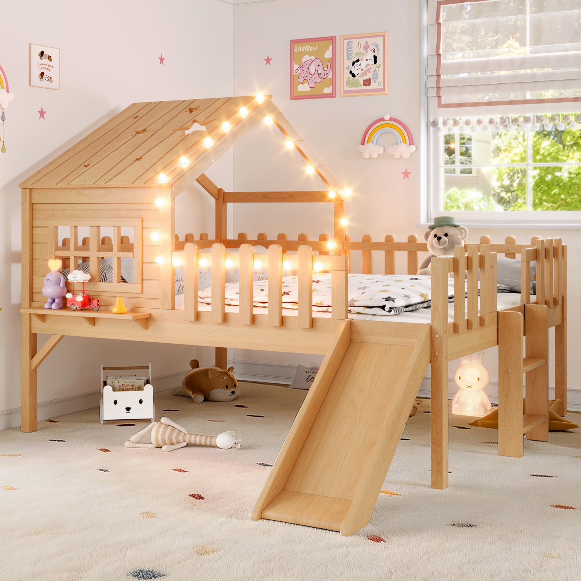 Full  Size House Loft Bed With Slide,Playhouse Bed With Star-shaped Designs And Window, Chic Design With LED Lights,No Box Spring Needed,Natural