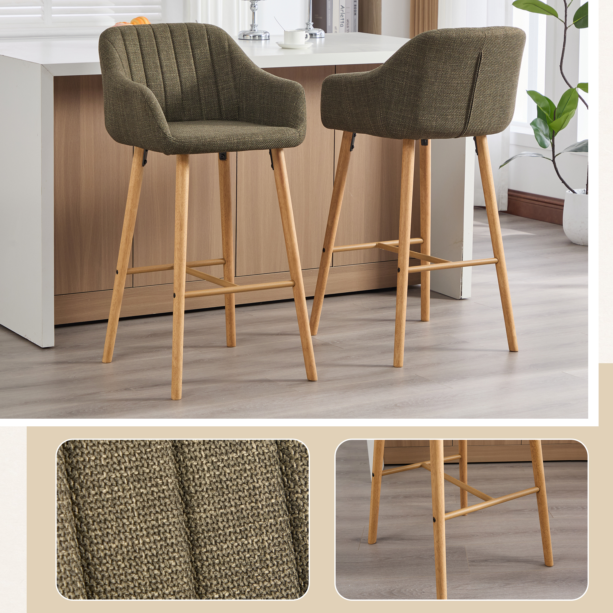 Modern Bar Stools Set Of 2, Kitchen Island Tall Chairs With Back, Arm, Footrest And Solid Wood Leg, Linen Fabric Upholstered Bar Stools