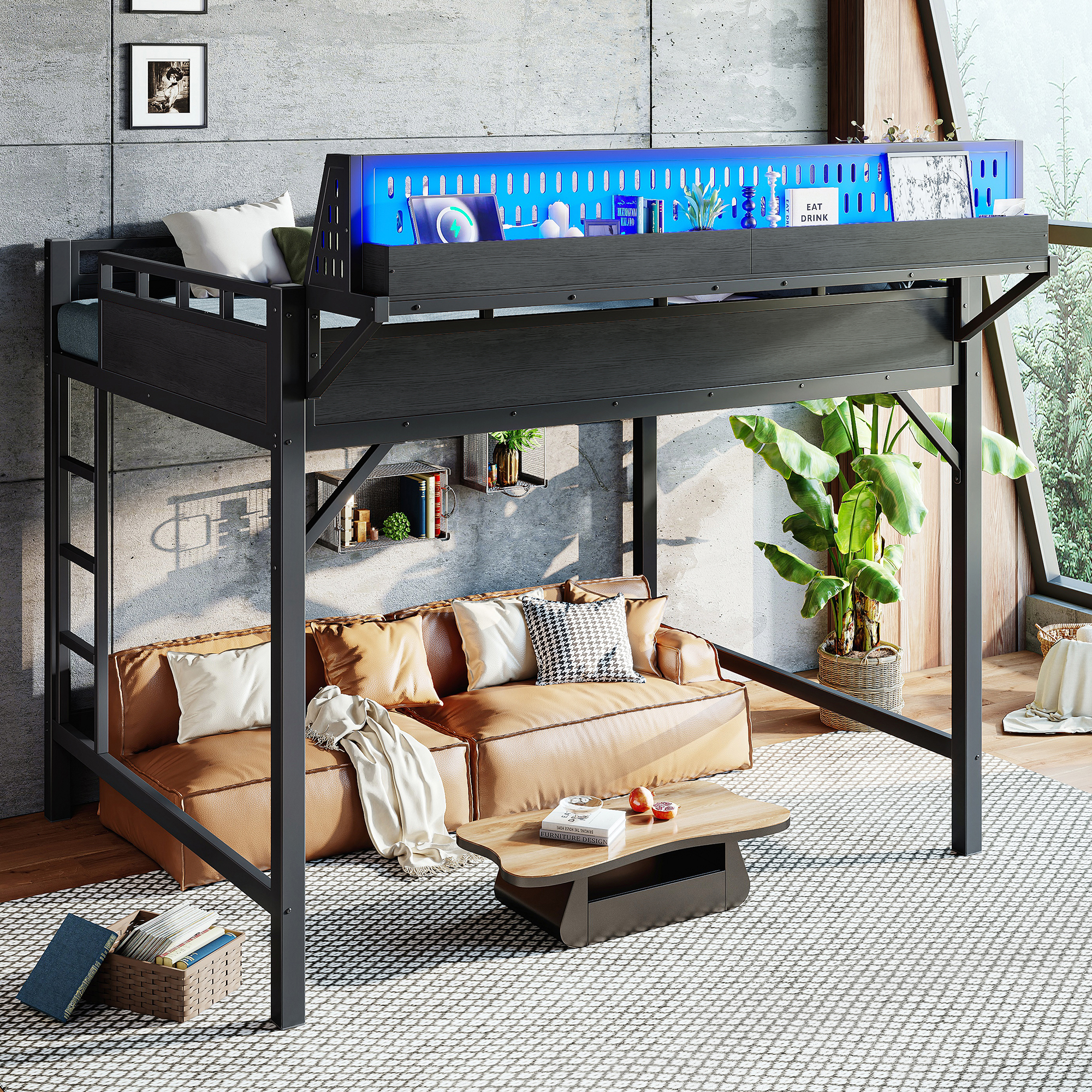 Queen Size Loft Bed Frame With Storage Shelves And Pegboard, Metal Loft Bed With USB Ports And LED Lights, Safe And Sturdy, Black